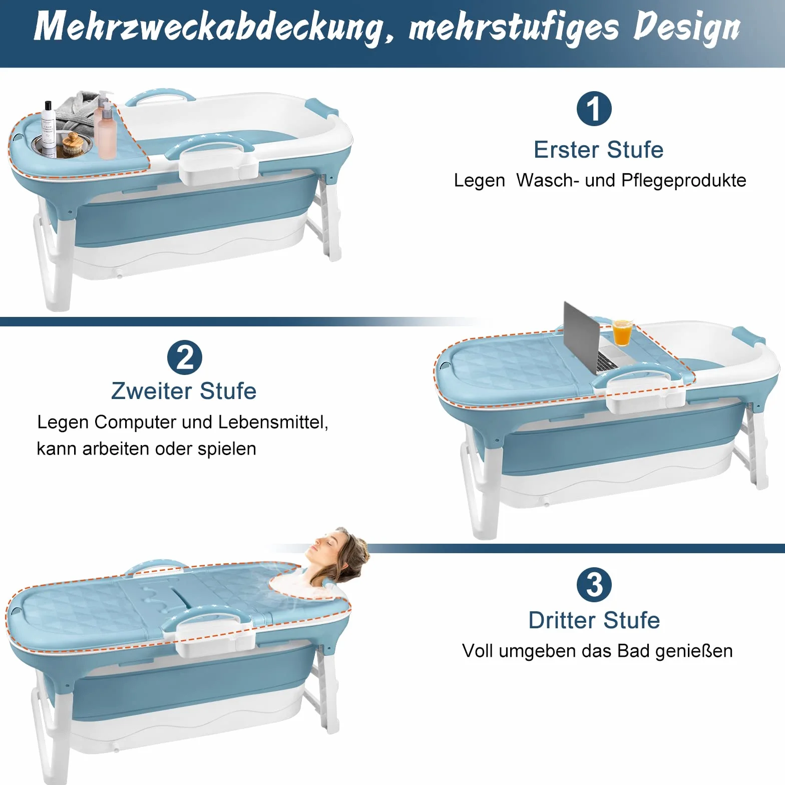 Bañera Plegable para Adultos L 118 x 62 x 53 cm, Portátil Con Tapa, Reposacabezas y Cesta de Jabón para Baño