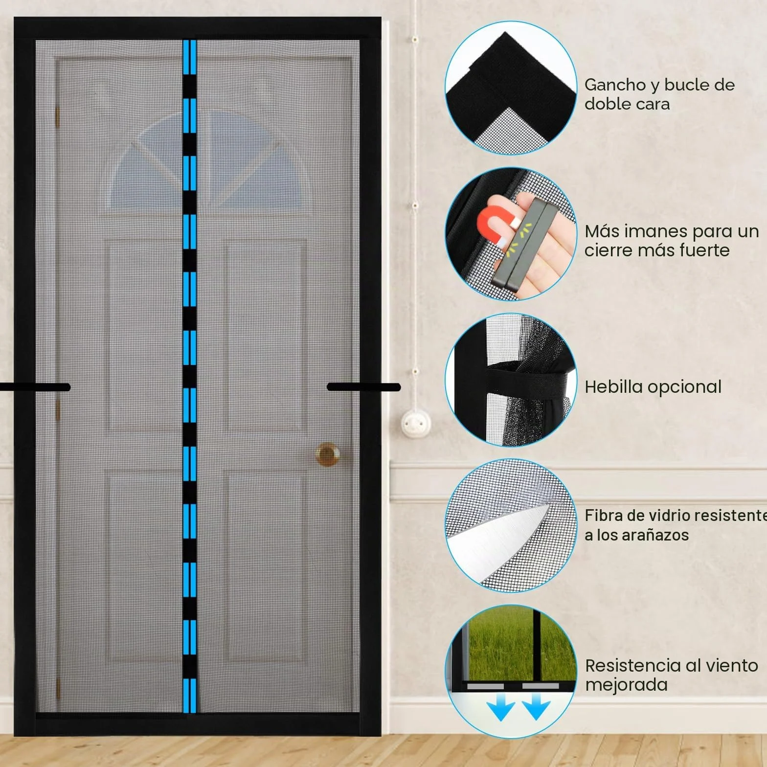 Mosquitera Magnética para Puerta 90x210cm Fibra de Vidrio Sin Taladrar Cortina Magnética Negro