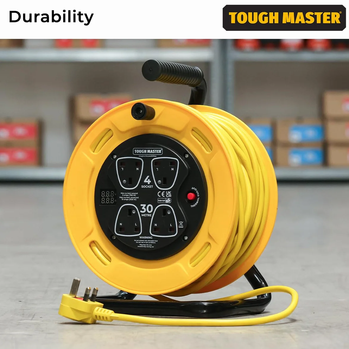 Tough Master Carrete de Cable de 4 enchufes de 30 m, Carrete de Cable de extensión Resistente de 13 A con Corte térmico para jardín, césped, hogar y Oficina