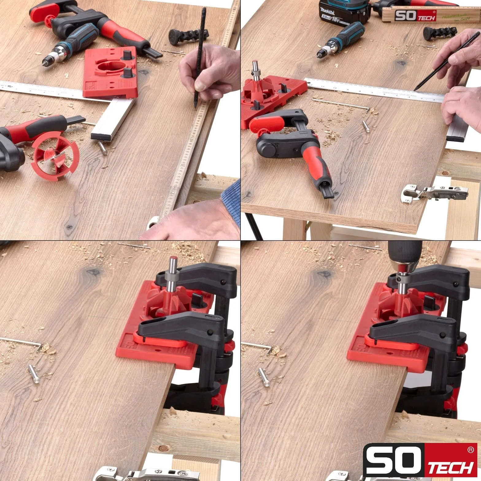 SOTECH Plantilla para taladrar BSK-35-T45/52 para montaje de bisagras de cazoleta incl. broca Forstner Ø 35 mm bisagras de cazoleta Distancia entre agujeros de 45 y 52 mm