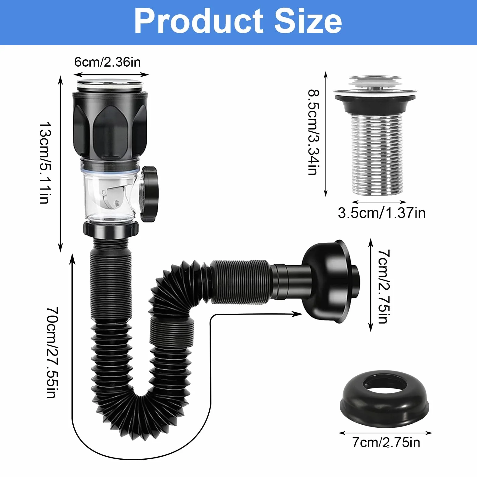 Sifón Lavabo Flexible Kit con Manguera de Drenaje Retráctil y Tapón para Baño y Cocina