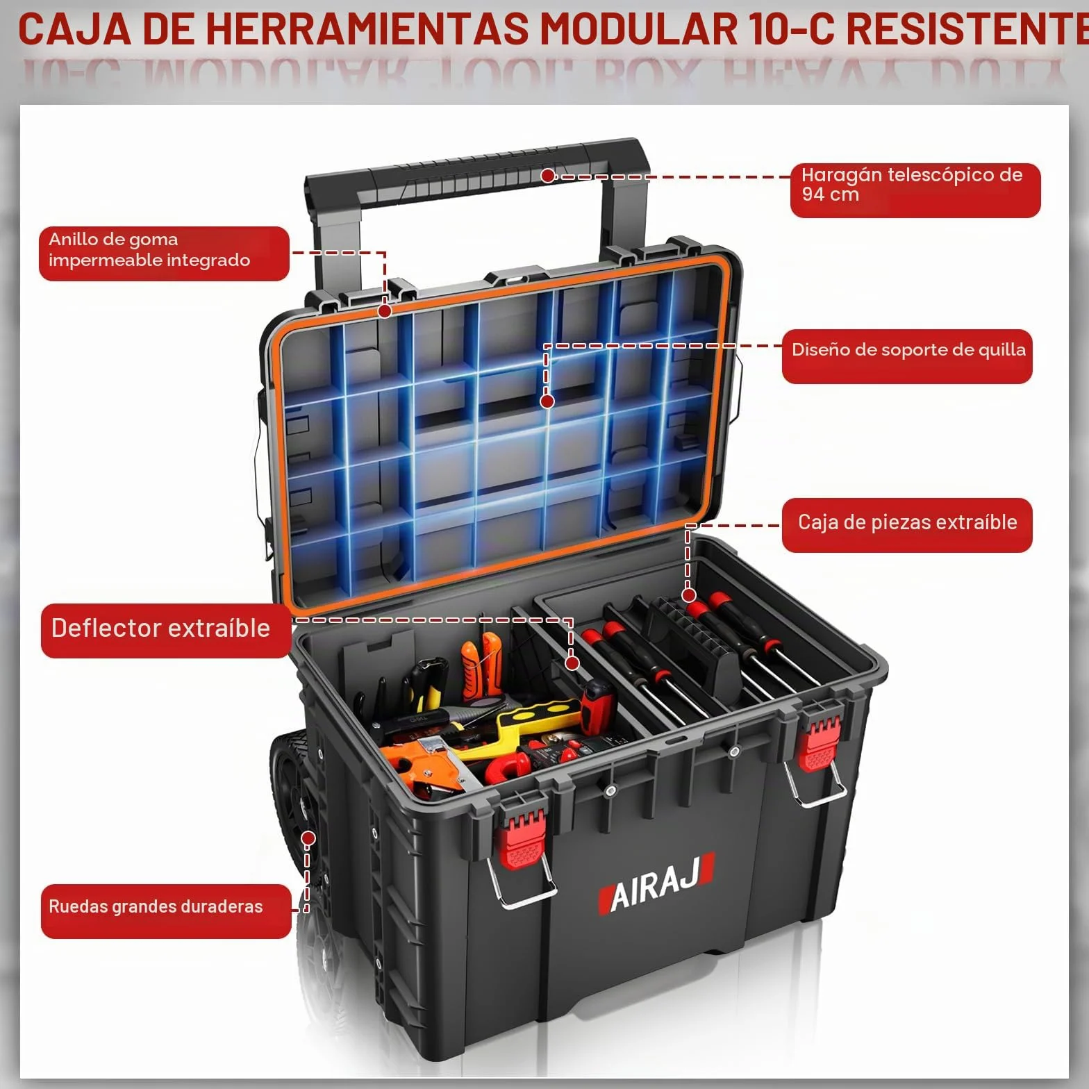 Caja Herramientas con Ruedas de Tres Capas,Caja de Herramientas Apilable Modular,Caja Herramientas Vacia Impermeable,Ruedas Todoterreno,Mango de Varilla de Tracción Retráctil