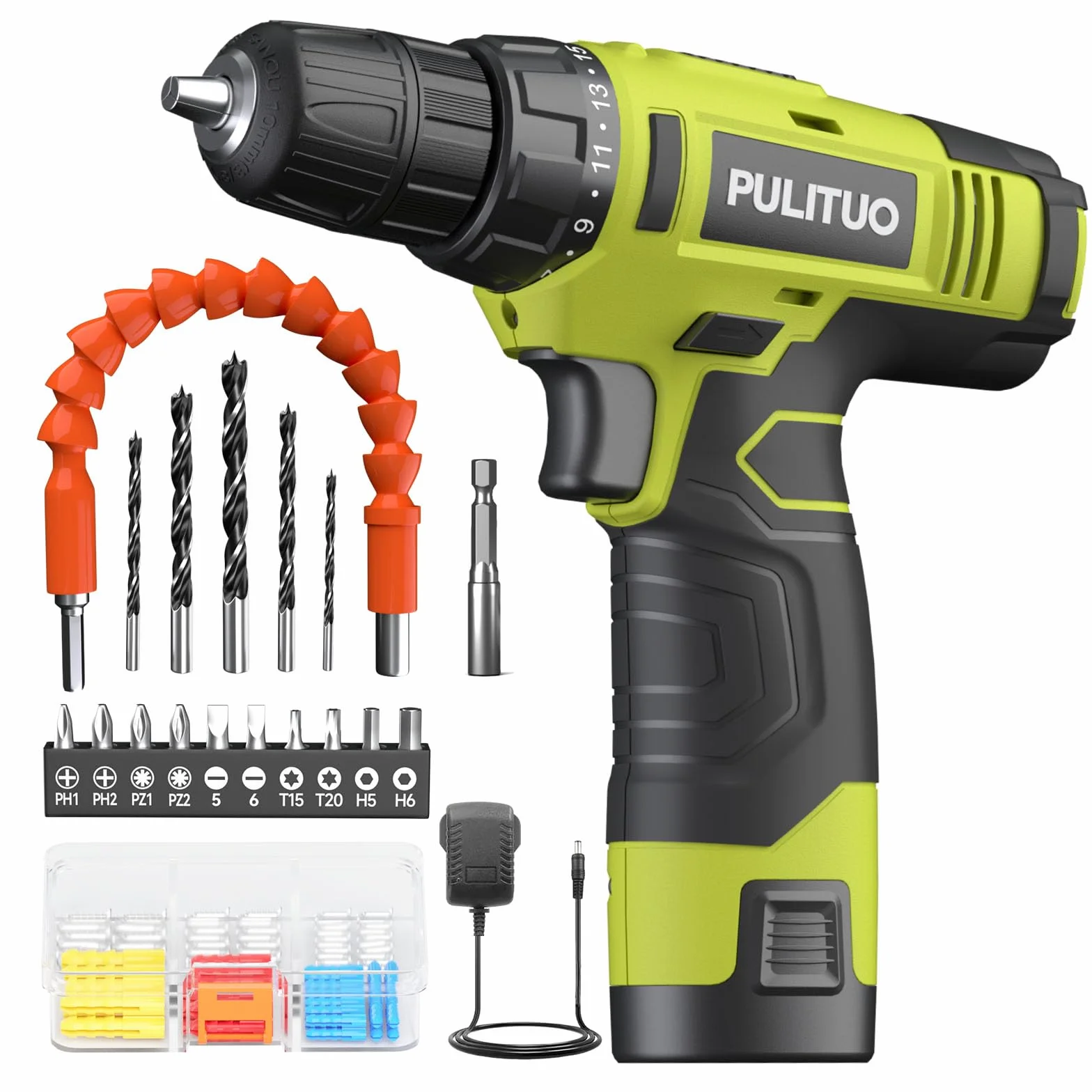 PULITUO 12V taladro inalámbrico, juegos de brocas de perforación de gran alcance con la batería de Li-Ion, 21 + 1 Ajuste de par, 3/8 "pulgadas portabrocas sin llave, taladro eléctrico.