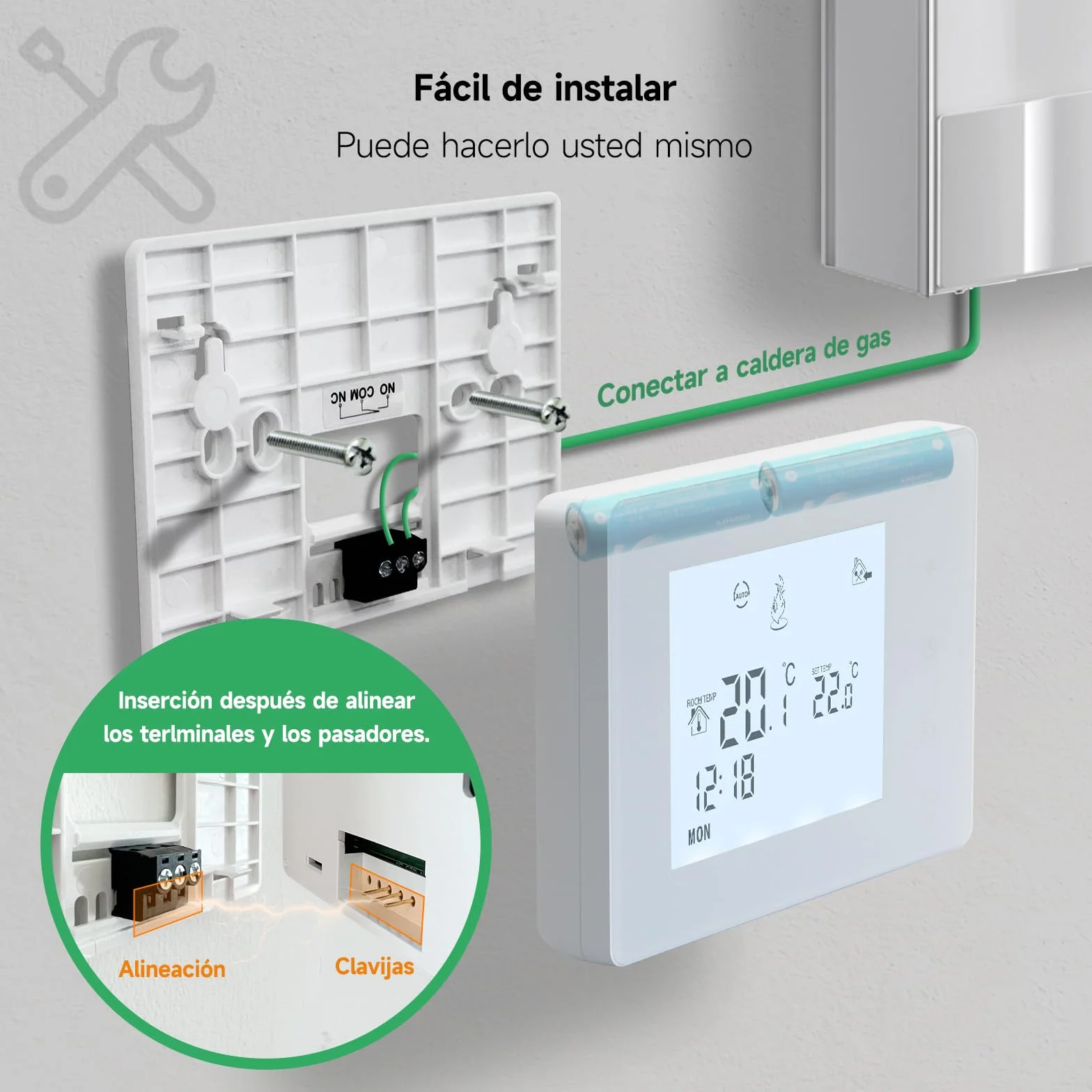 Beok - Termostato para caldera de gas de 2 cables, termostato de pared, termostatos programables con cable, termostatos de ambiente, alimentación por pilas 2 AA, sin función WiFi, batería no incluida