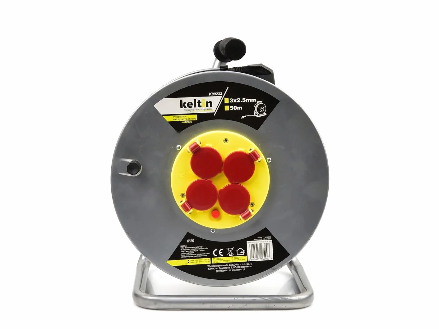 BSD Tambor Alargador Eléctrico Metálico 50m 3x2,5mm con Protección Térmica y 4 Tomas 230V para Hogar y Taller