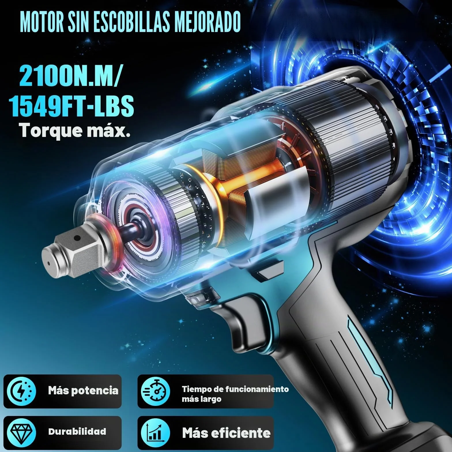 Llave de Impacto inalámbrica sin escobillas, Par máximo de 2100 N.m, 3/4"llave de impacto con Batería de 2x6.0Ah, Cargador Rápido, Atornillador de impacto para coche y maquinaria pesada