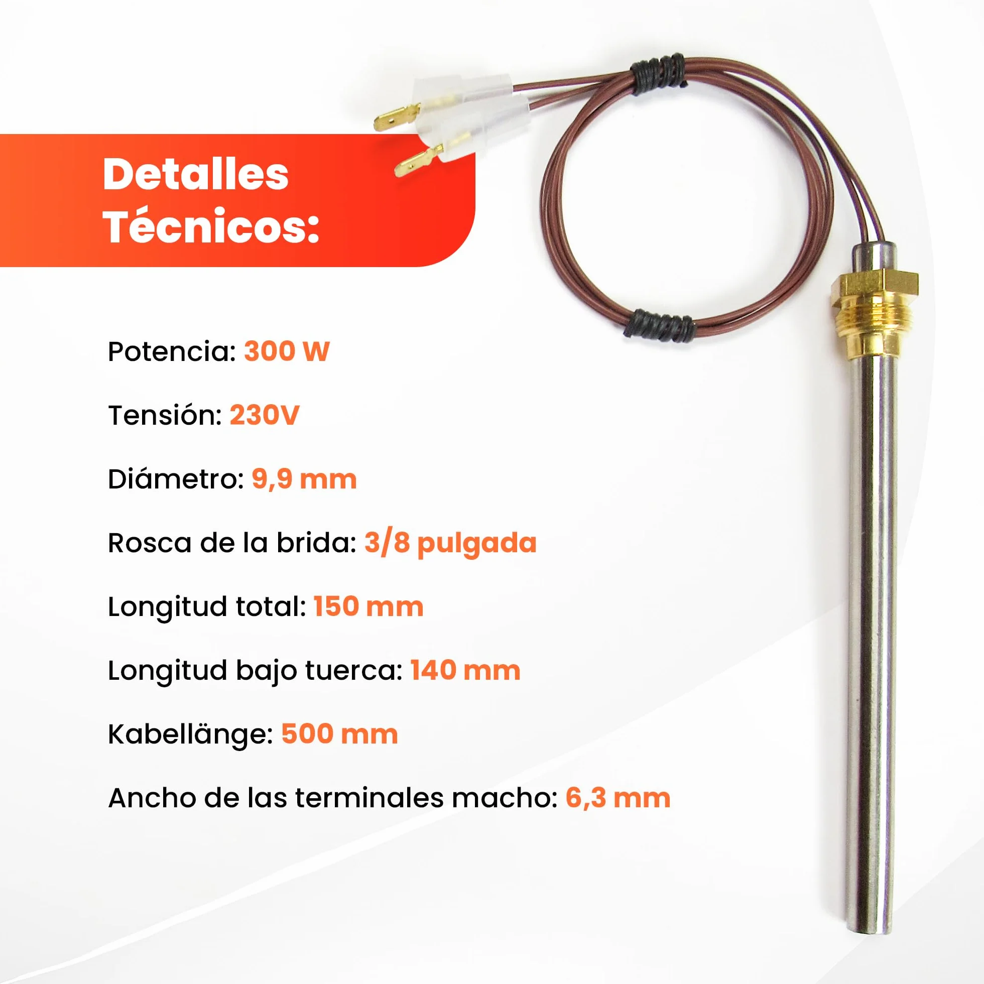 Bujía para estufa de gránulos, 300 W, 140/150 mm, diámetro 9,9 mm, rosca 3/8 con orejetas