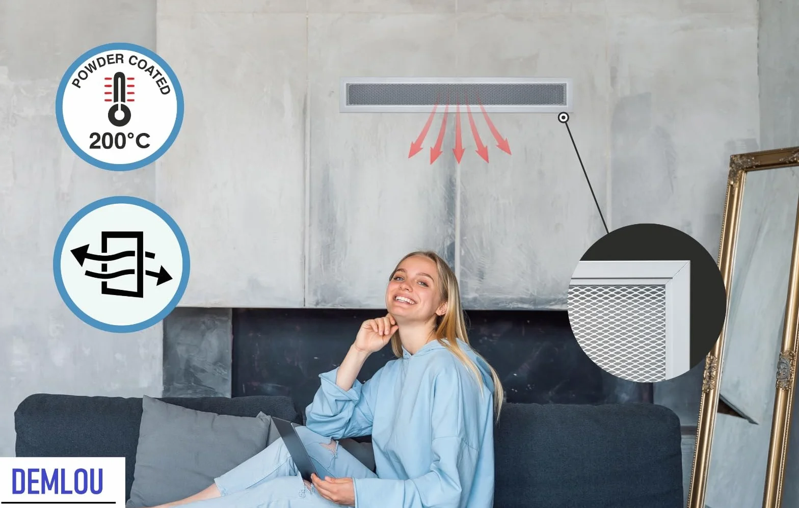 Rejilla de ventilación aluminio perforado con malla protectora – Blanco RAL 9016 – difusor aire caliente interior/exterior – rejilla lineal 60x9 cm.