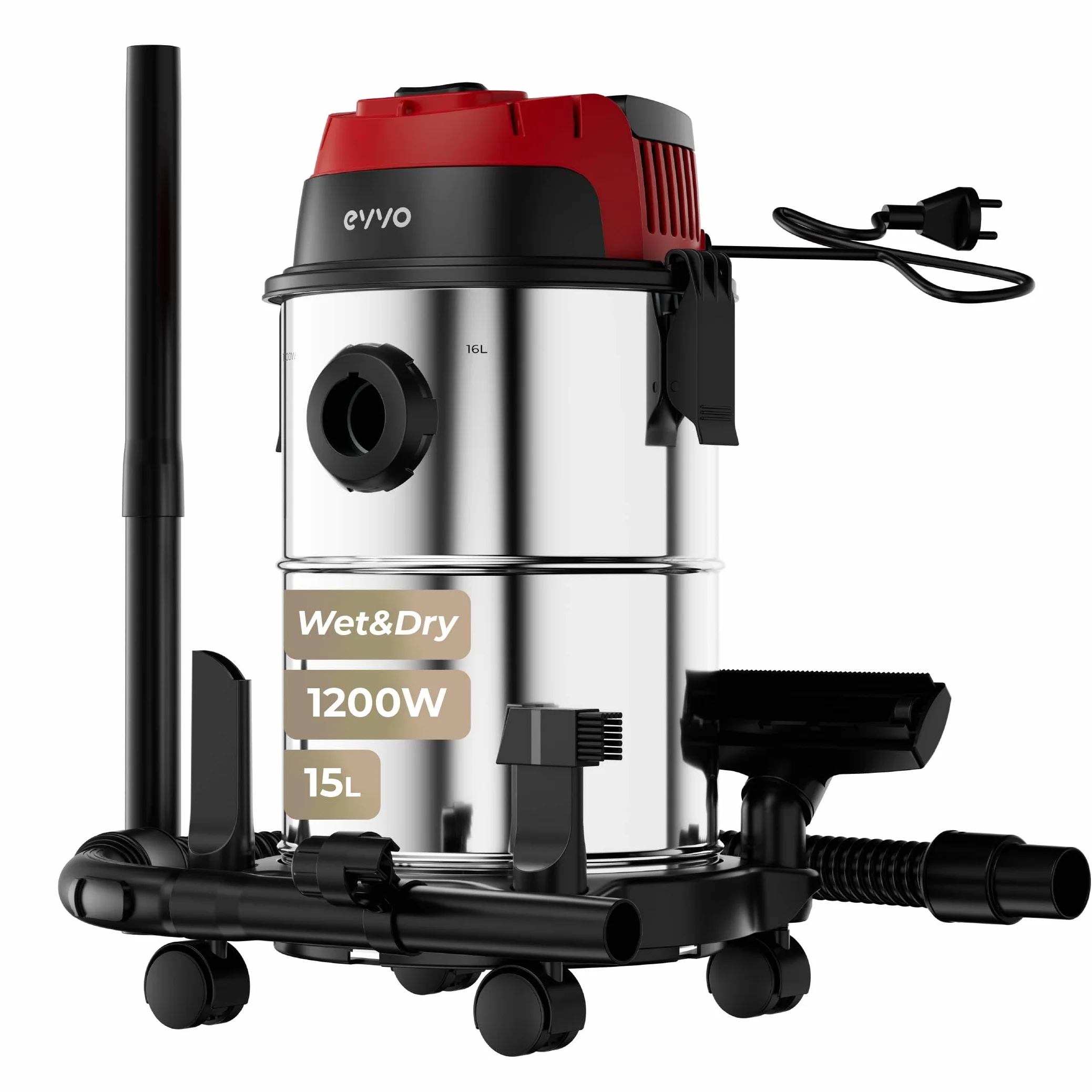 EVVO Aspirador de Sólidos y Líquidos – Aspiradora Wet & Dry, Depósito INOX, Filtro HEPA F7, Función Soplado con Válvula, Aspiradora Potente para Hogar, Taller y Coche (1200, Vatios)