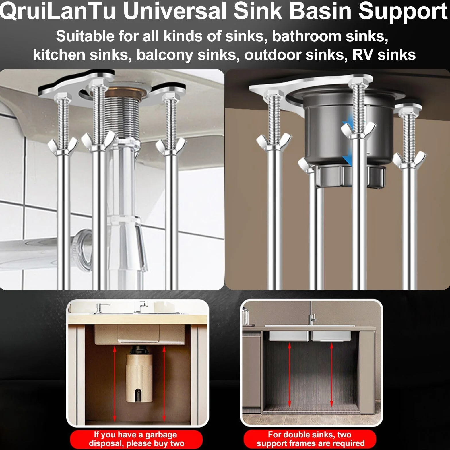 Soporte de fregadero de cocina para montaje inferior, kit de reparación de fregadero vertical con almohadillas antideslizantes que absorben los golpes, soporte ajustable de acero inoxidable