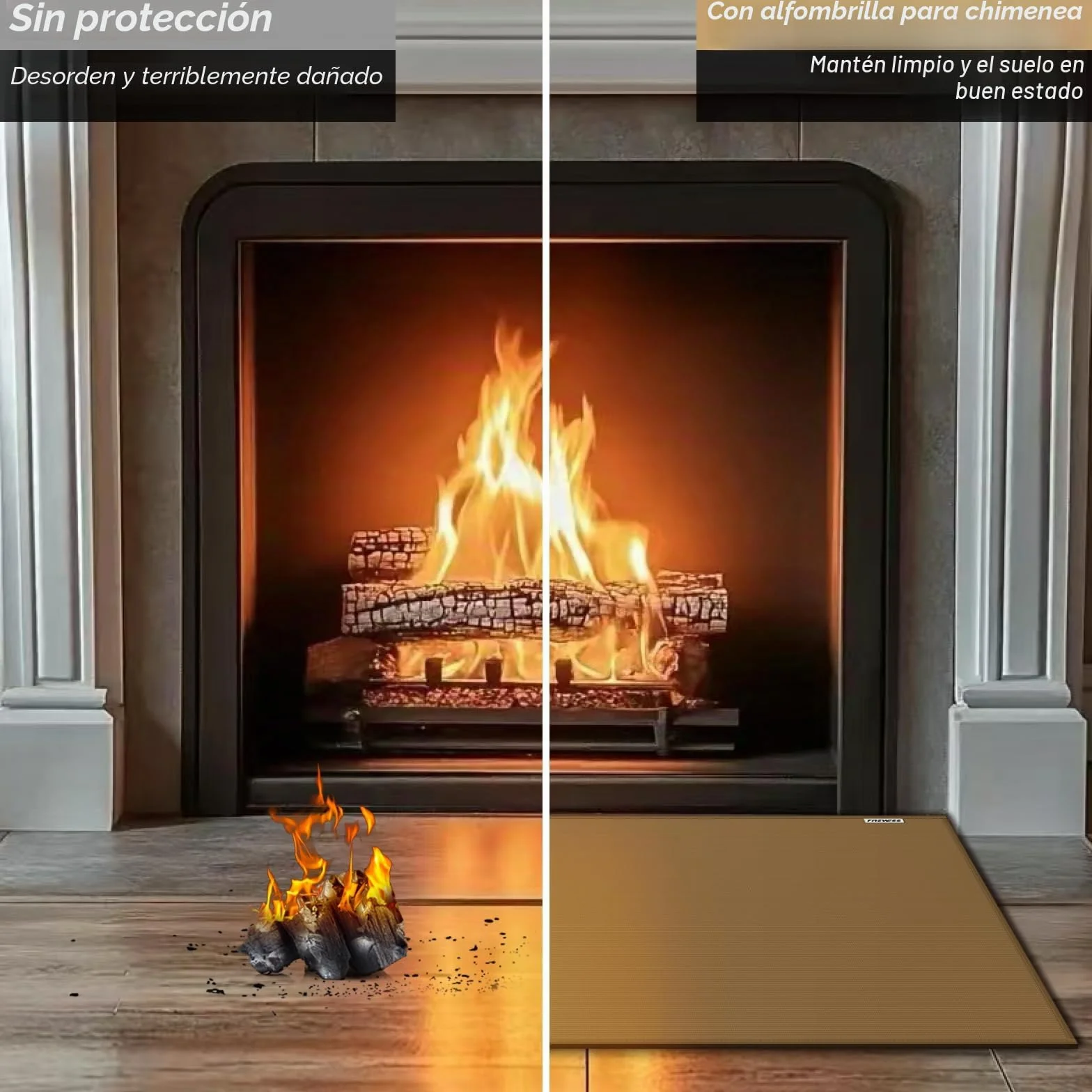 Alfombra ignífuga para chimenea 105x60 cm marrón