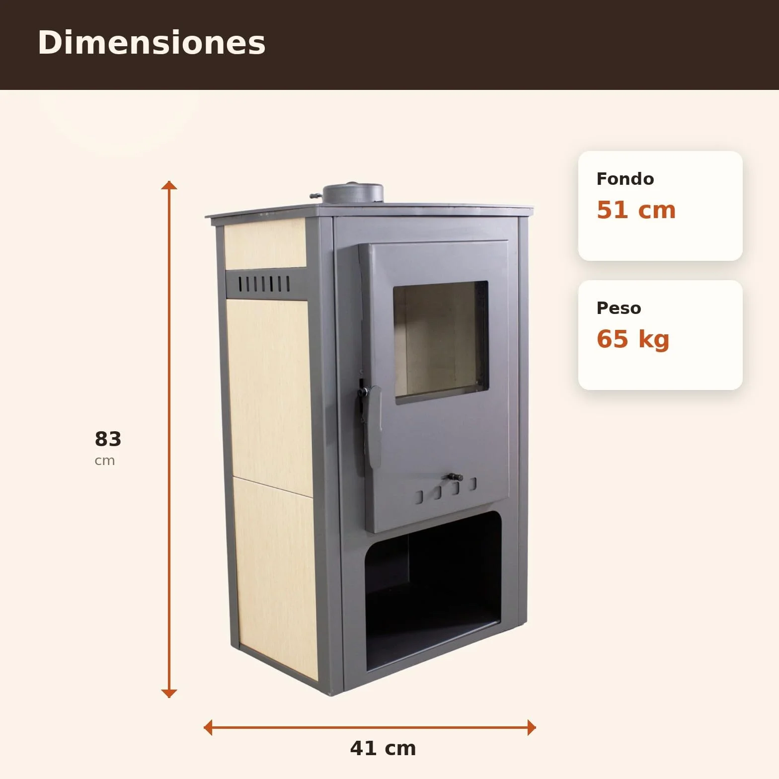 EIDER BIOMASA Estufa de Leña SAMIRA – 10,56 kW – Rendimiento 85,74% – Hasta 145.0 m³ – Doble Combustión – Certificada CE
