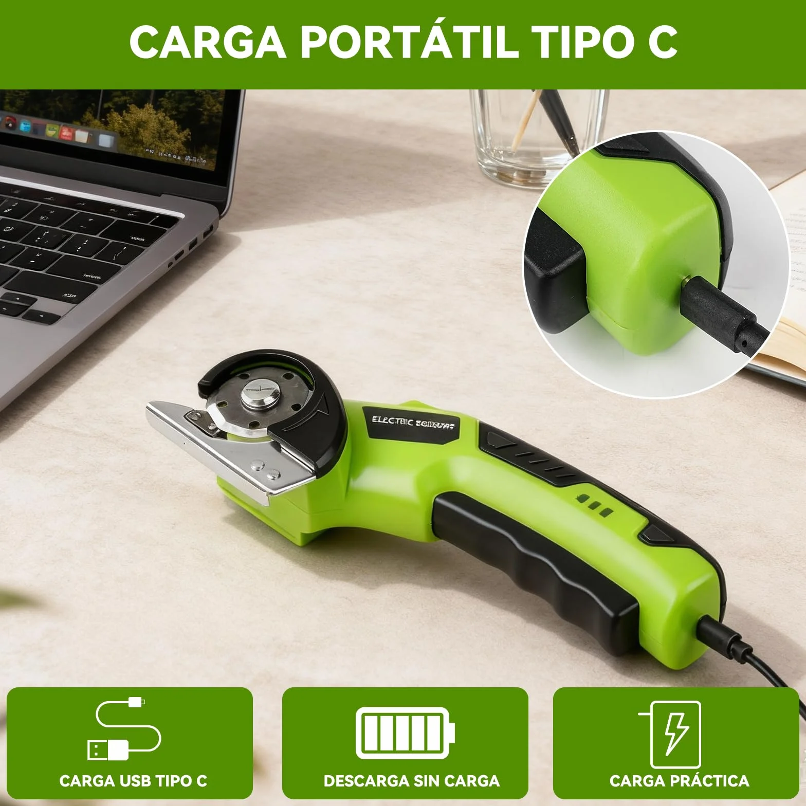 Cortadora de Tijera Eléctrica Inalámbrica, 4,2V Recargable Tijeras Electrica Costura con batería de 2000 mAh y 2 cuchillas para papel, cartón, alfombra, cuero, fieltro