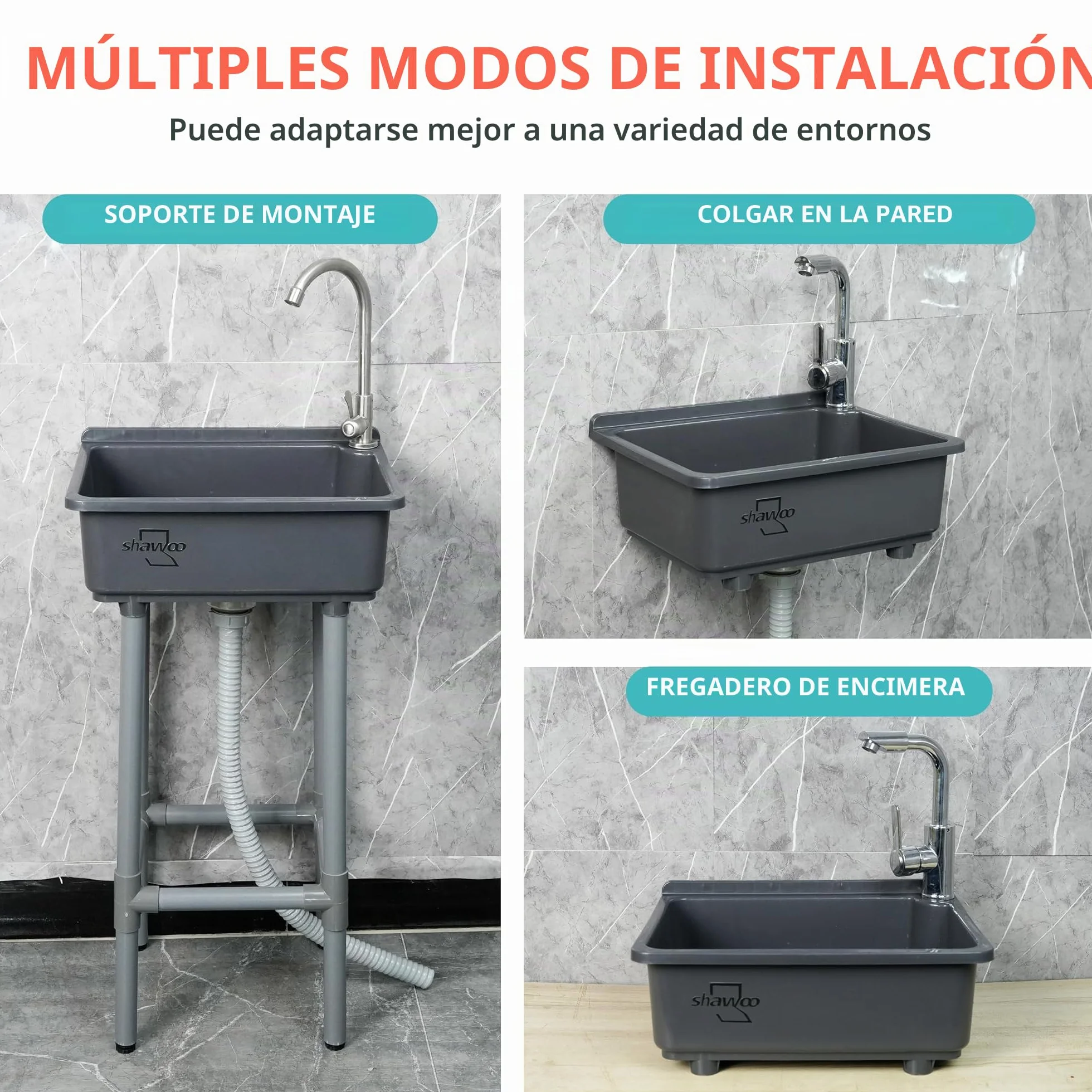 Fregadero independiente de un solo cuenco, fregadero de cocina montado en la pared, tina de lavandería de 16.9 x 12.8 pulgadas con agujero de grifo de 1.26 pulgadas, fregaderos de plástico para el
