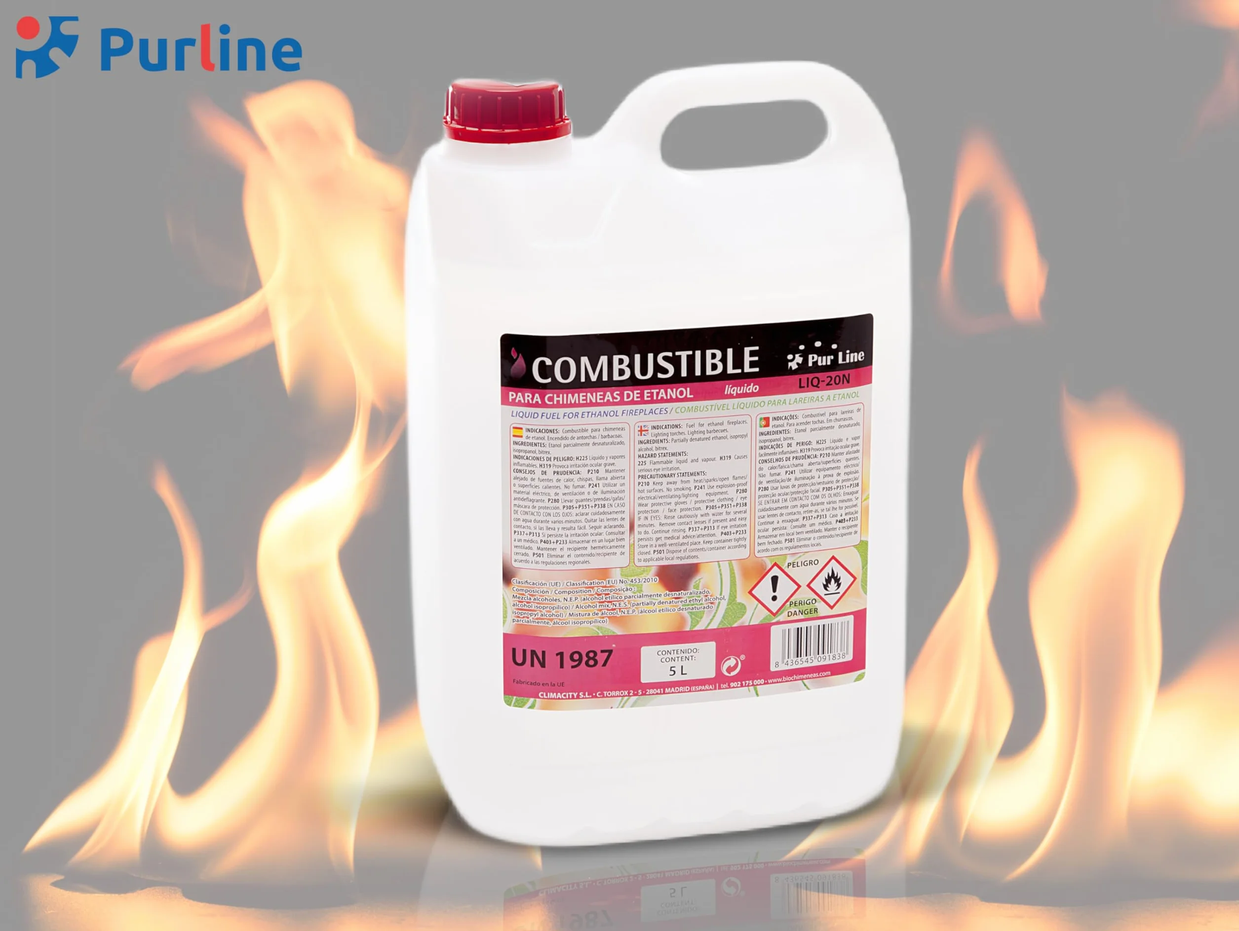 PUR LINE | Bioetanol 5L 96% Combustible para Chimeneas y Estufas, Sin Humo y Alta Combustión - Bioetanol Líquido para Biochimeneas, Quemadores y Uso Interior/Exterior