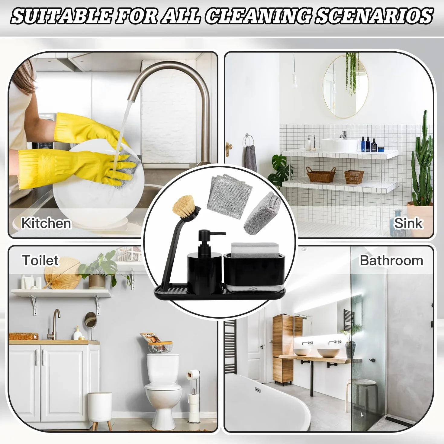 Dosificador Jabón Cocina Negro con Trapo, Cepillos y Esponja, Organizador Fregadero Detergente Recargable