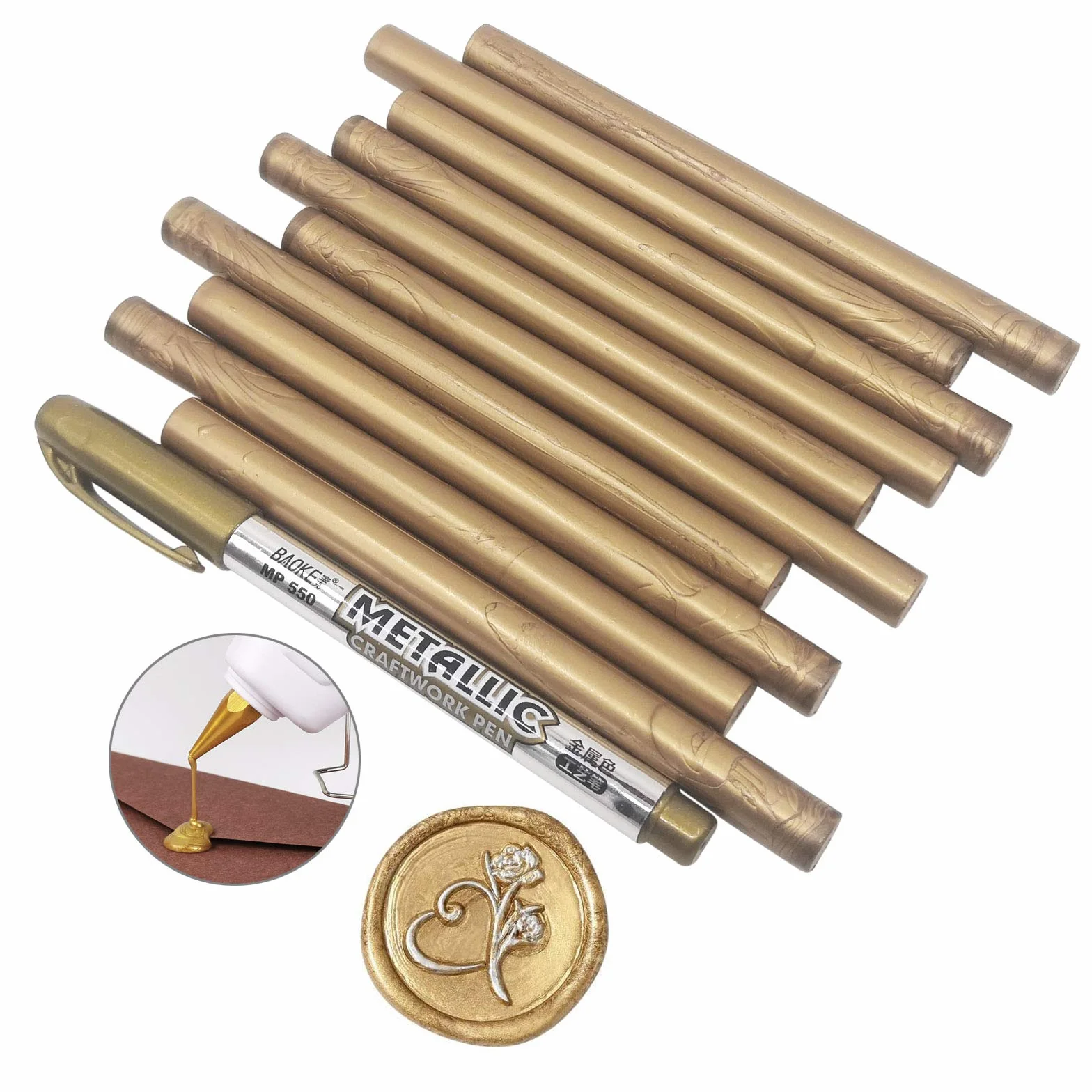 10 barras de cera para sello de cera vintage, sello de cera de pistola de pegamento para invitaciones de boda, sobres de felicitación, tarjetas de regalo,con un bolígrafo de cera dorado(dorado)