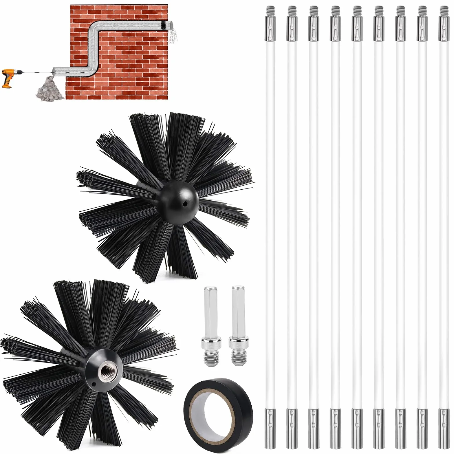 Juego de barra para cepillo de chimenea (3,6 m, diámetro 150 mm), cepillo de nailon para tubos de estufa, cepillo para deshollinar, con barras flexibles (9 x 410 mm), uso con brocas eléctricas