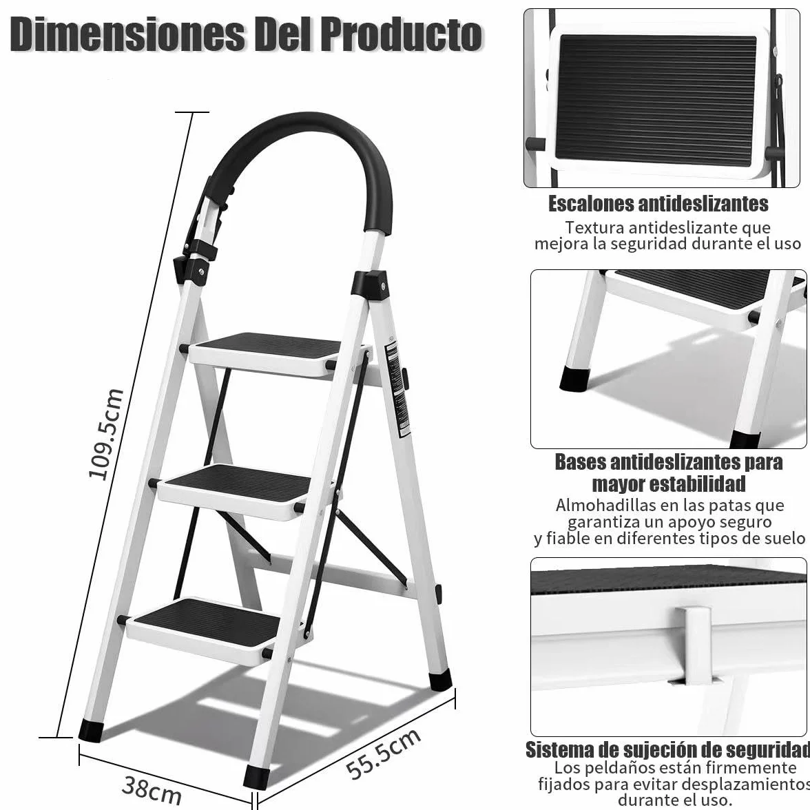 Escalera Plegable 3 peldaños con pasamanos y con Pedal Antideslizante | Taburete Multifuncional con Superficie | Escaleras Plegables Domésticas | Step Ladder para Hogar (3 escalones)
