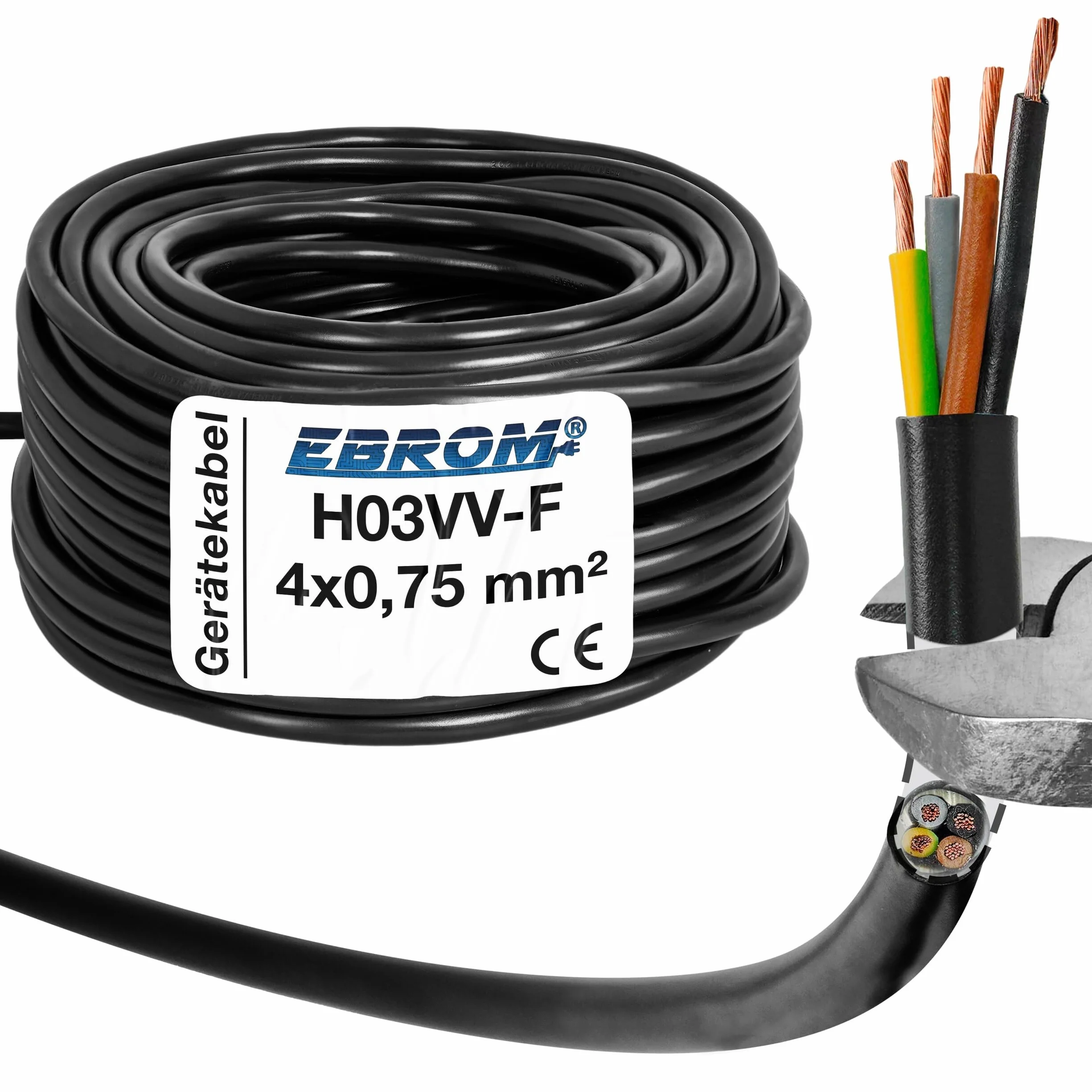 EBROM - línea de manguera de plástico cable de dispositivo de línea de cable LED redondo H03VV-F 4x0,75 mm², negro, 20 m