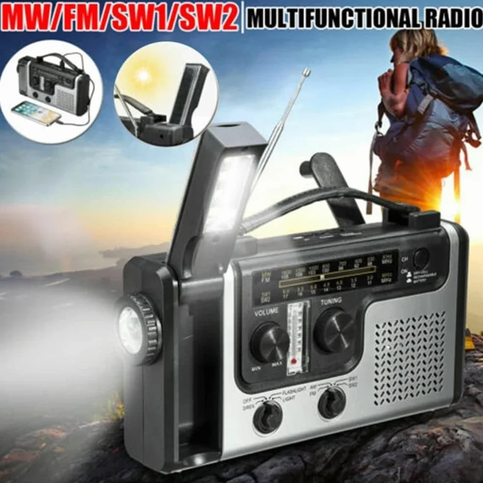 Radio de Emergencia, Radio de manivela Solar portátil Am/FM/SW Radios multibanda con Linterna LED Brillante, luz de Lectura, Banco de energía, Alarma SOS y probador de Temperatura