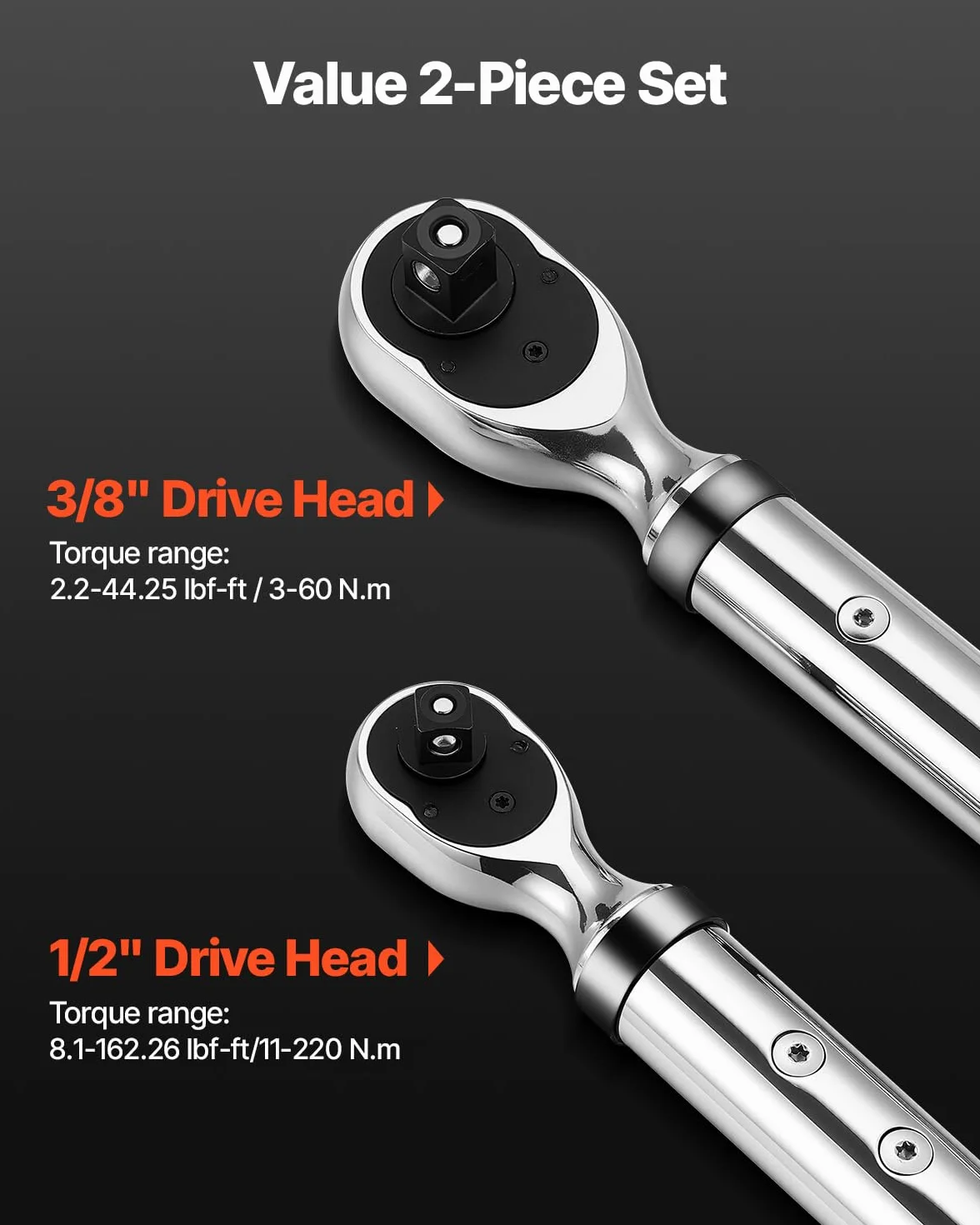 VEVOR 2 PCS Juego de Llaves Dinamométricas Digitales Accionamiento de 1/2" y 3/8" 72 Dientes ±2% de Precisión Llave Dinamométrica Electrónica con Valor Preestablecido, Zumbador y Notificación LED