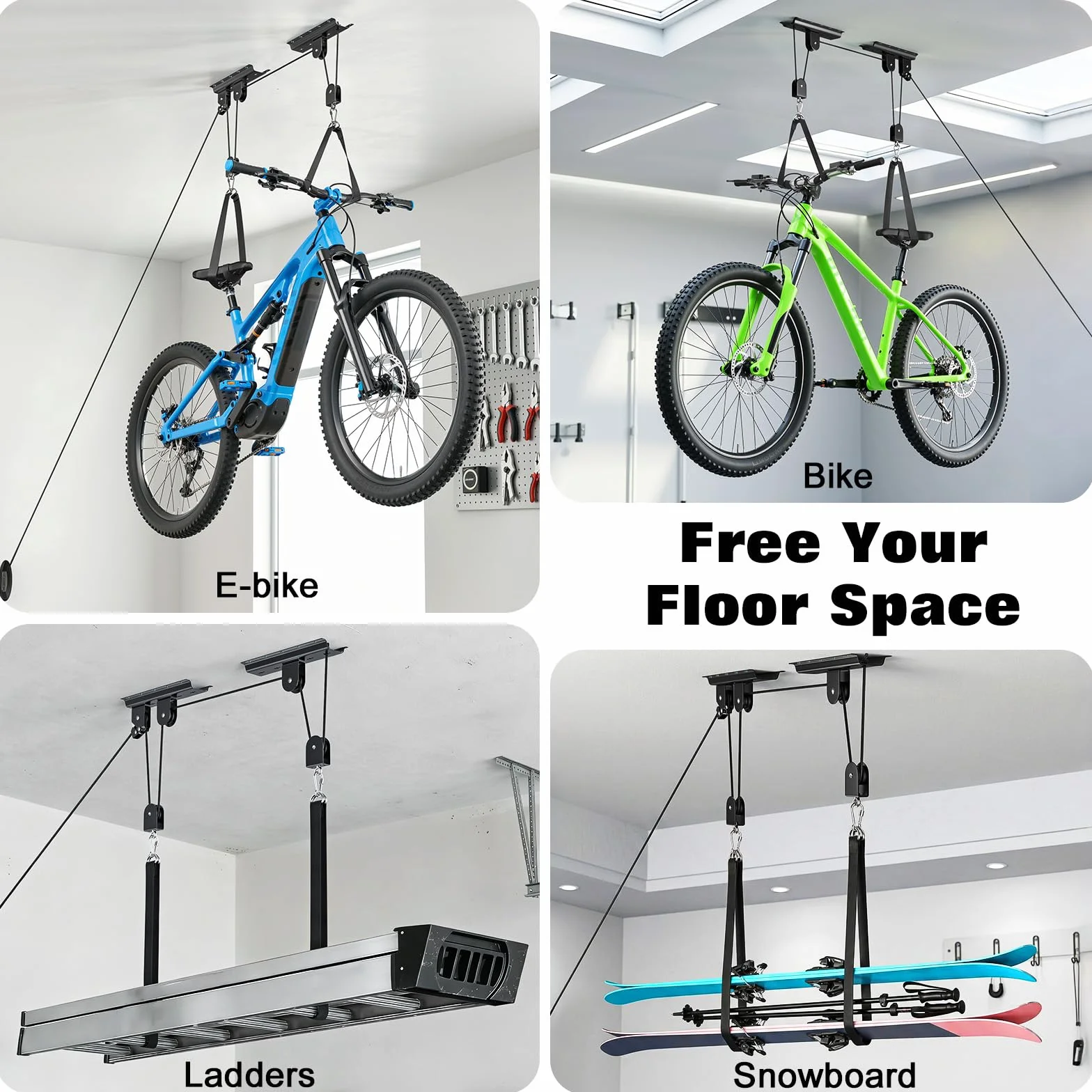 Housolution Elevador Bicicletas, [2 Unidad] Sistema Polea 88Lbs, Apto Techos 10-16 Pies, Sistema Almacenaje Techo Resistente para Bici Carretera, MTB, Fatbike, Ebike, Escaleras, Snowboard