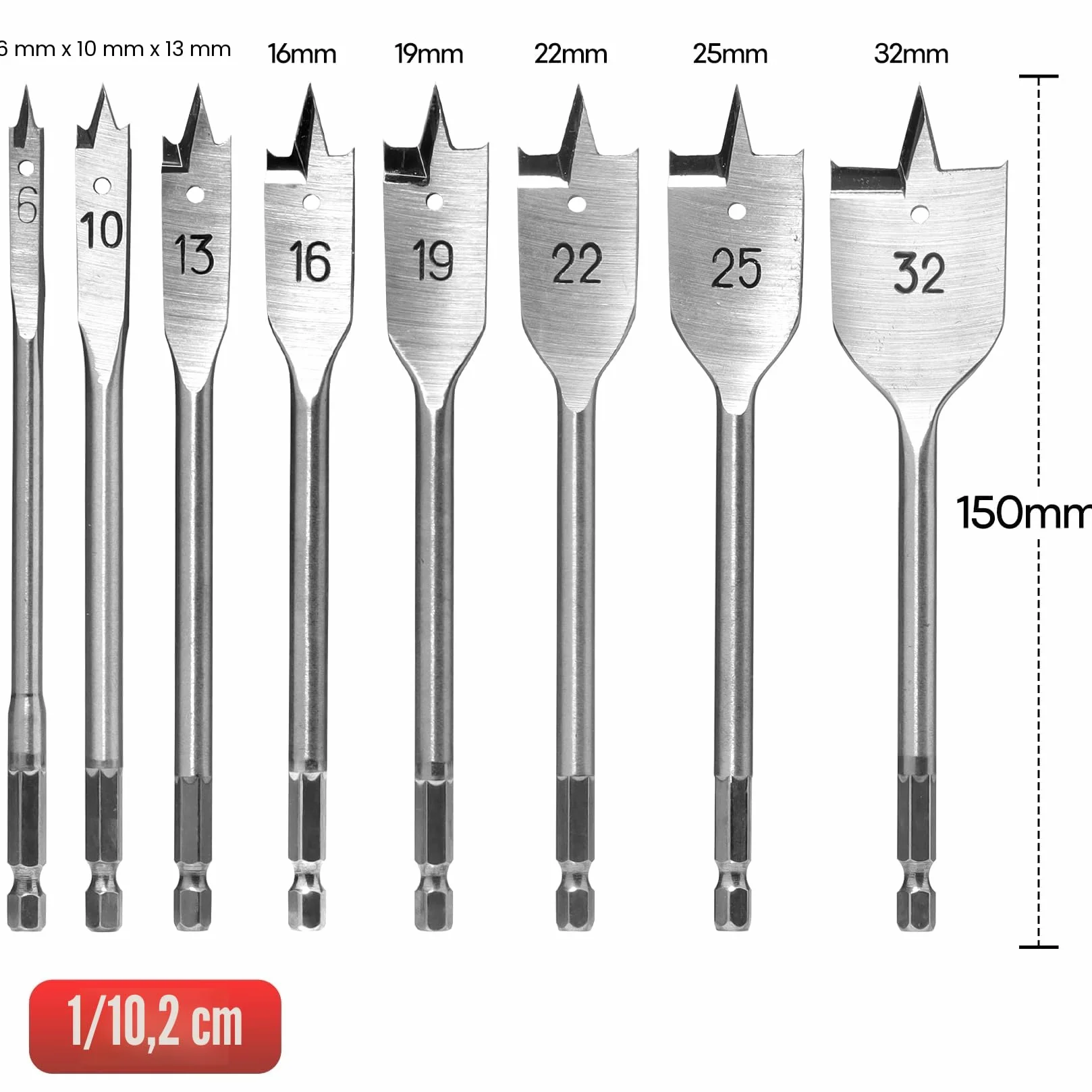 SHALL 8 piezas Juego de Brocas de Pala, vástago hexagonal de cambio rápido de 1/4 de pulgada, Ø 6-32 mm, broca plana para madera, con bolsa de almacenamiento
