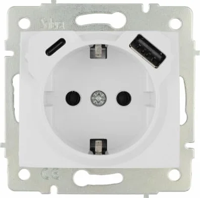 Base fija 2P+T 16A 250V + 1 USB-A y USB-C 2,1A 5V sin marco serie EuropaSOLERA ERP60USBCBlanco