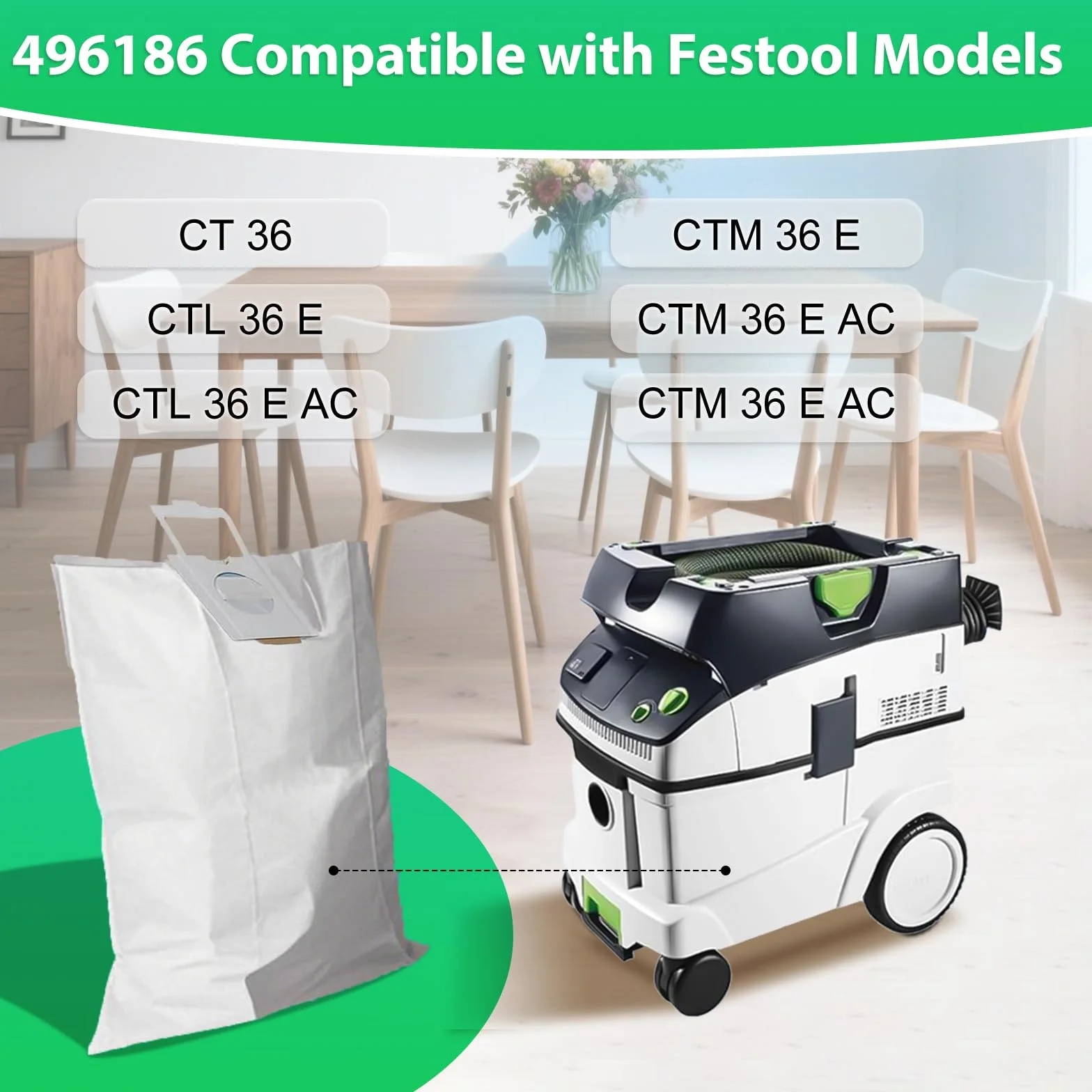 Paquete de 10 bolsas de filtro 496186 para Festool CT 36/CTM 36E/CTL 36E Cleantec Series | Bolsa de polvo para aspiradora Festool SC FIS-CT 36/5, bolsas desechables y de gran capacidad para extractor de polvo Festool