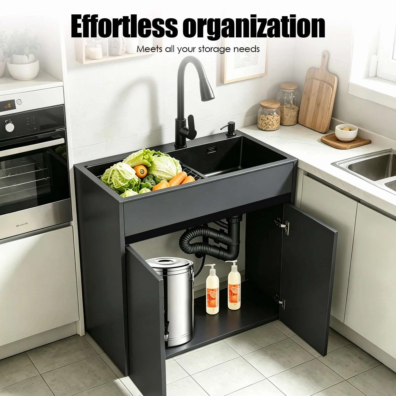 Mueble Fregadero con Cubeta de Acero Inoxidable Negro para Lavadero y Garaje, armario de almacenamiento de aluminio de panel de abeja con grifo, dispensador de jabón y cesta extraíble, ajustable