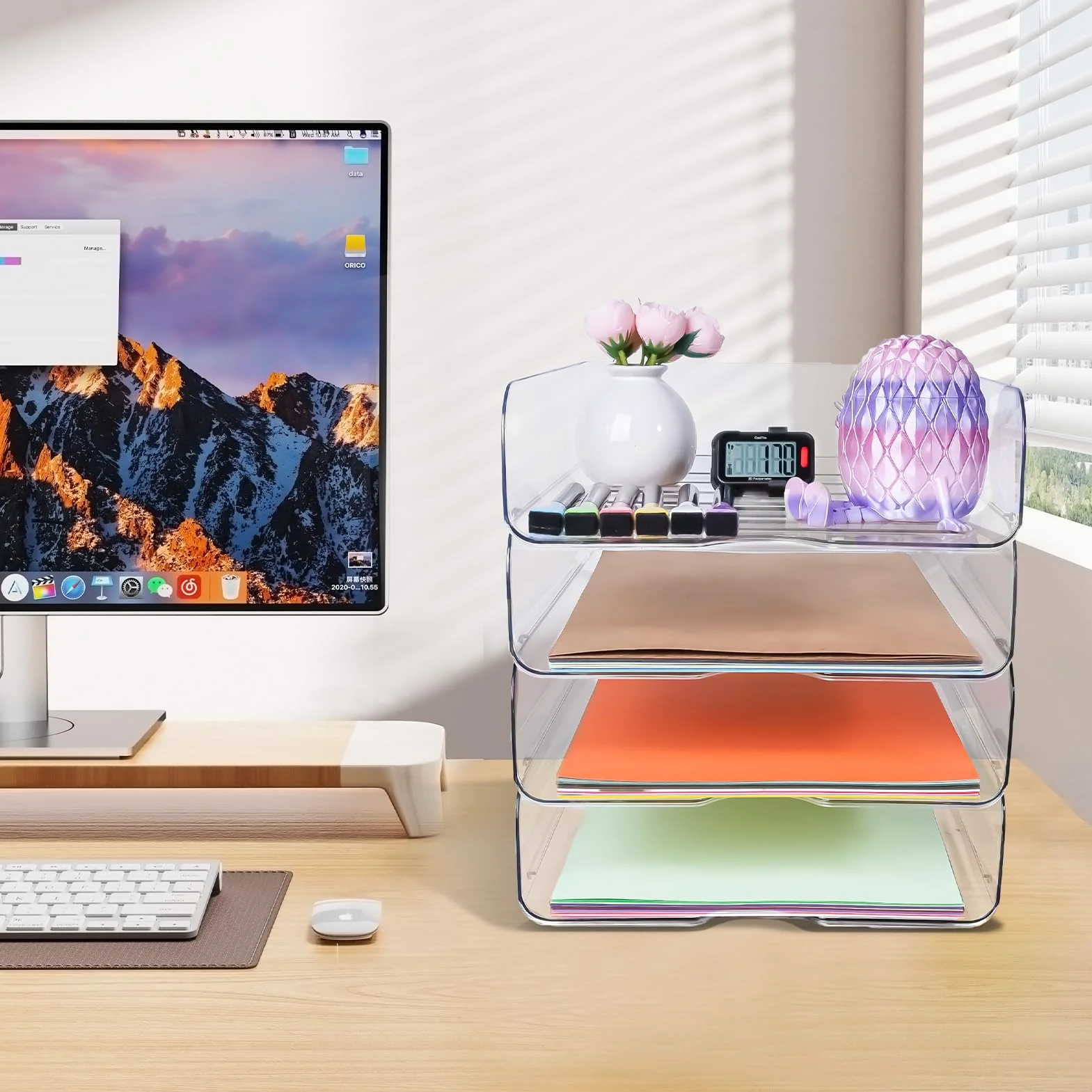 Organizador de escritorio transparente apilable 4 bandejas para archivos A4, iPad, cartas