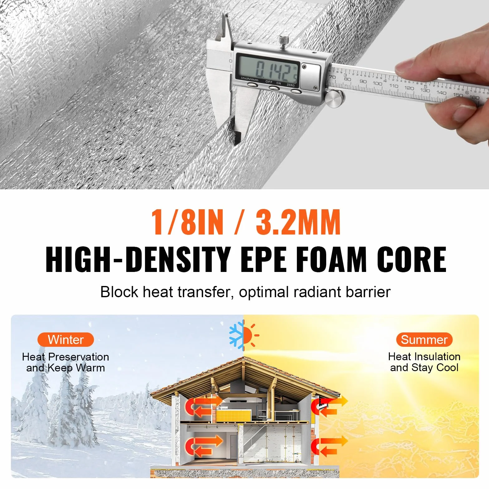 VEVOR Aislamiento Térmico Reflectante Doble Rollo de Aislamiento Barrera Radiante 7,6 x 0,6 m Núcleo de Espuma EPE Espesor de 3,2 mm Lámina de Aluminio Doble Cara para Ventana, Techo de RV