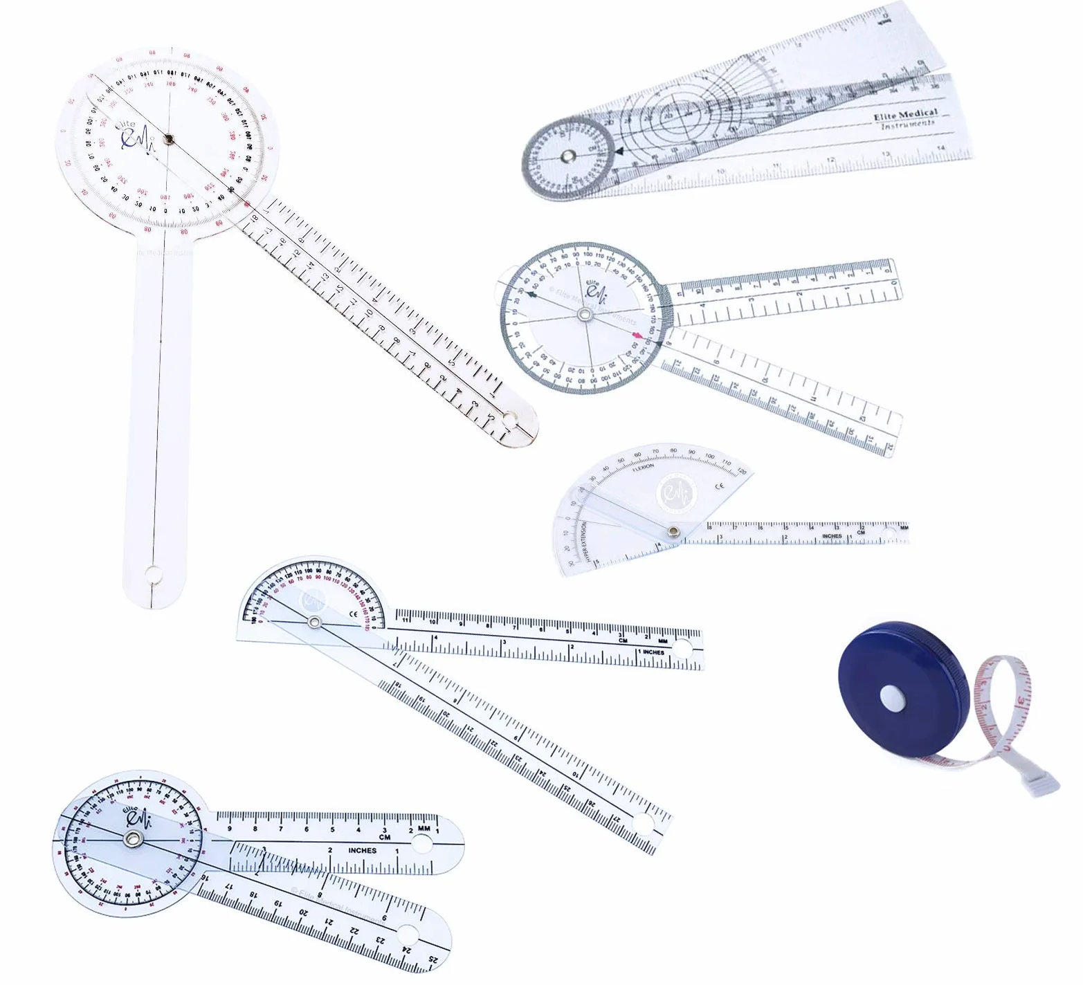 EMI 6 Piece Goniometer Set Plus Measuring Tape - 7 Pieces Total EGM-431