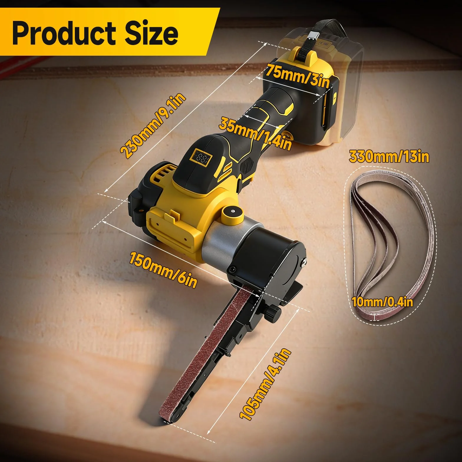 Lijadora de banda inalámbrica compatible con batería Dewalt de 20 V, amoladora de banda ajustable de 0 a 13000 rpm, 360° sin escobillas con 20 bandas de lijado para madera, metal y plástico (amarillo