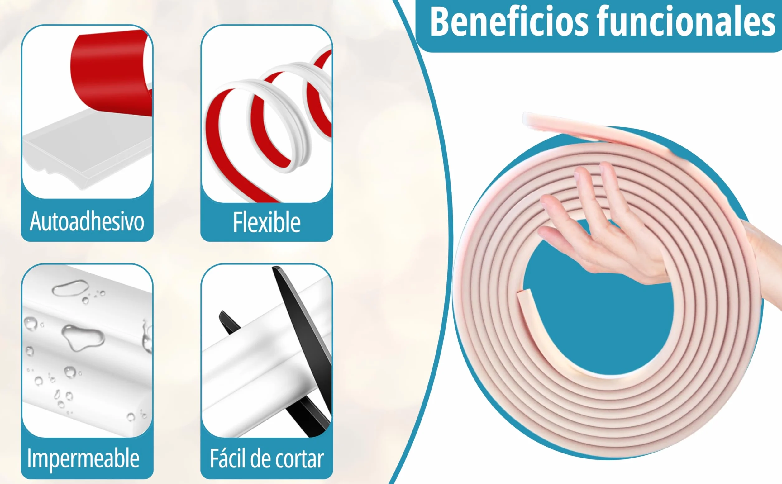 Moldura decorativa de pared autoadhesiva PVC flexible 5 m x 2,3 cm blanca interior
