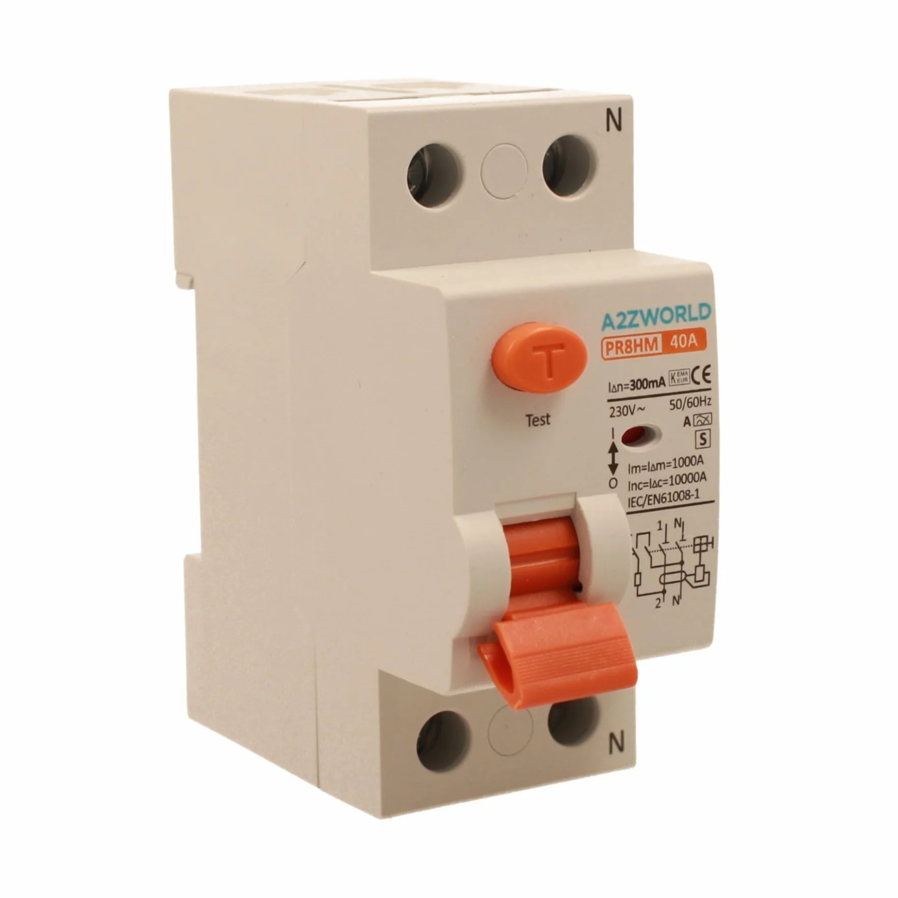 Interruptor diferencial puro selectivo 40A, RCCB Tipo S Clase A, 1P+N 10kA 300 mA, retraso 500 ms, 2 módulos DIN 230 V AC, certificado IEC61008-1, serie PR8HM electromagnético