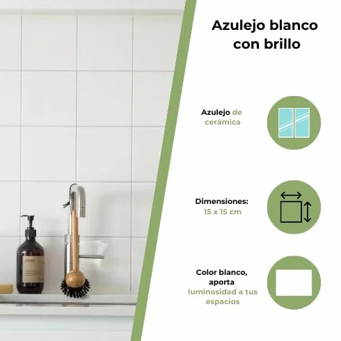 Azulejo Blanco Brillo 15x15, Brillante, Gres, Cerámico, Liso, Elegancia y Durabilidad para tu Baño y Cocina - 1 m² (45 Piezas)