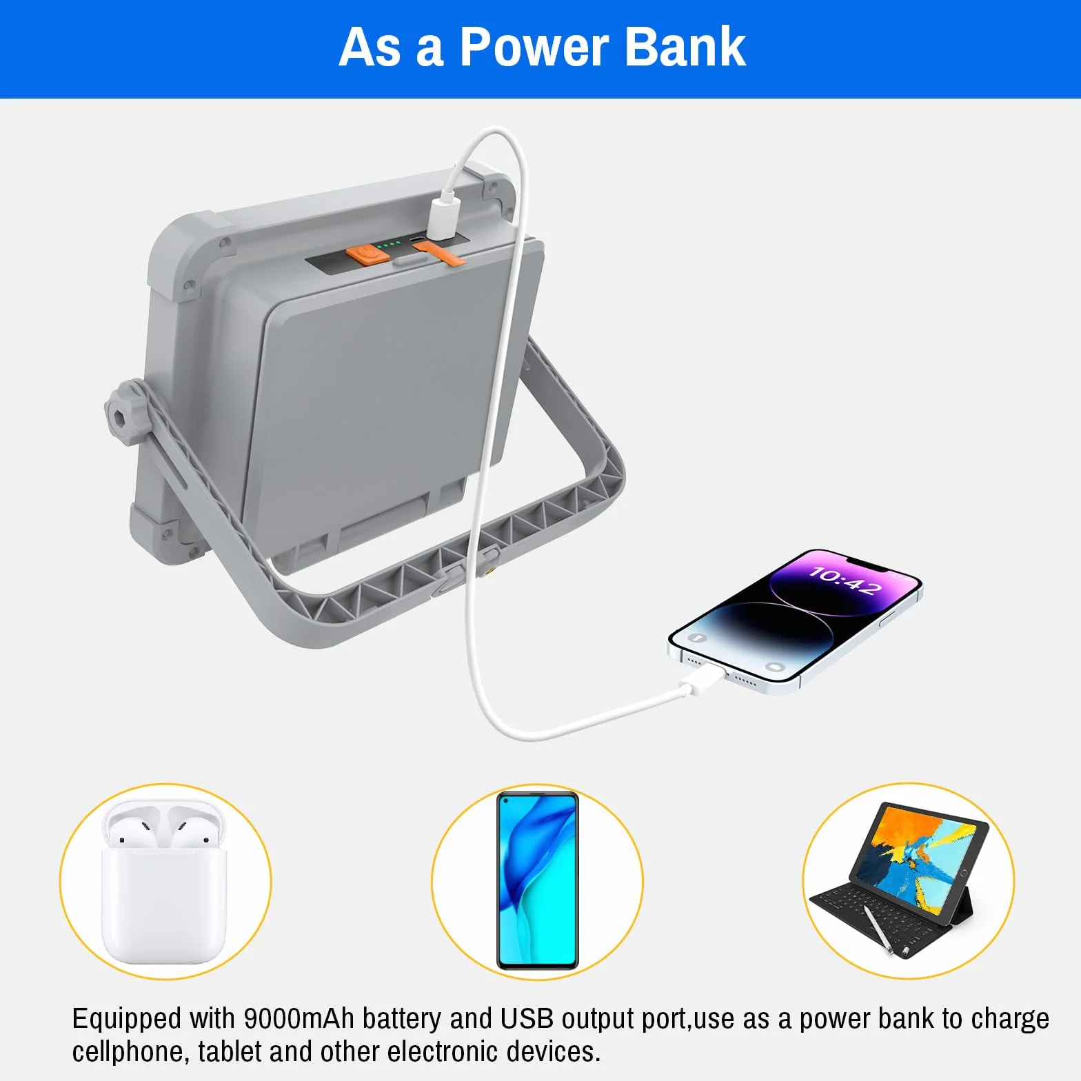 ERAY Foco LED Recargable 150W, Foco de Trabajo Portátil con Doble Panel Solar Batería de 9000mAh/336 LEDs/4 Modos de Luz/IP66/Banco de Energía para Camping, Emergencia, Trabajo