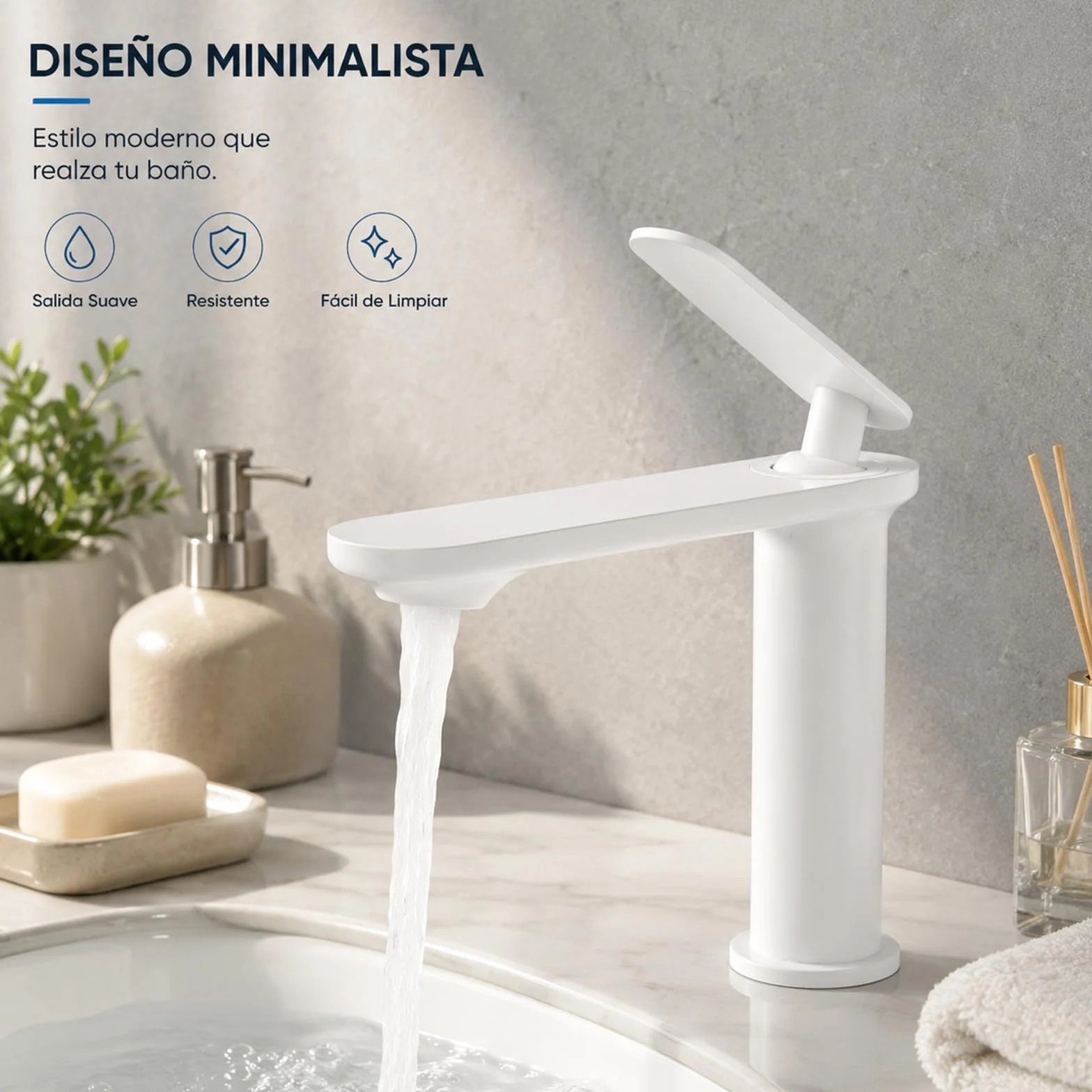 Grifo de Lavabo Blanco Satinado de Acero Inoxidable 304, Diseño Minimalista, Monomando Moderno para Baño, Fácil de Instalar