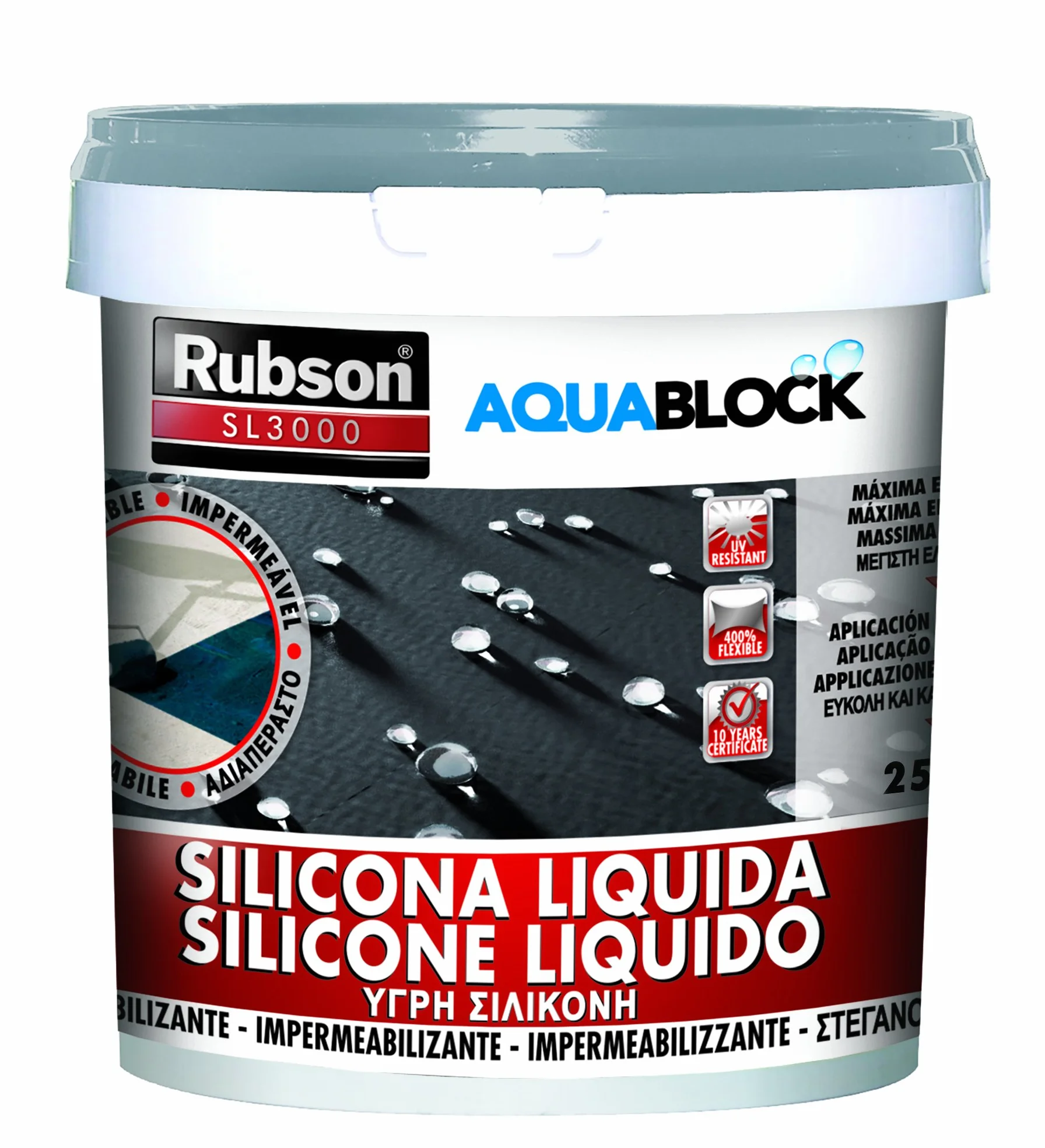 Rubson Aquablock SL3000 Silicona Líquida gris, impermeabilizante líquido para prevenir y reparar goteras y humedades, silicona elástica con tecnología Silicotec, 1 x 25 kg