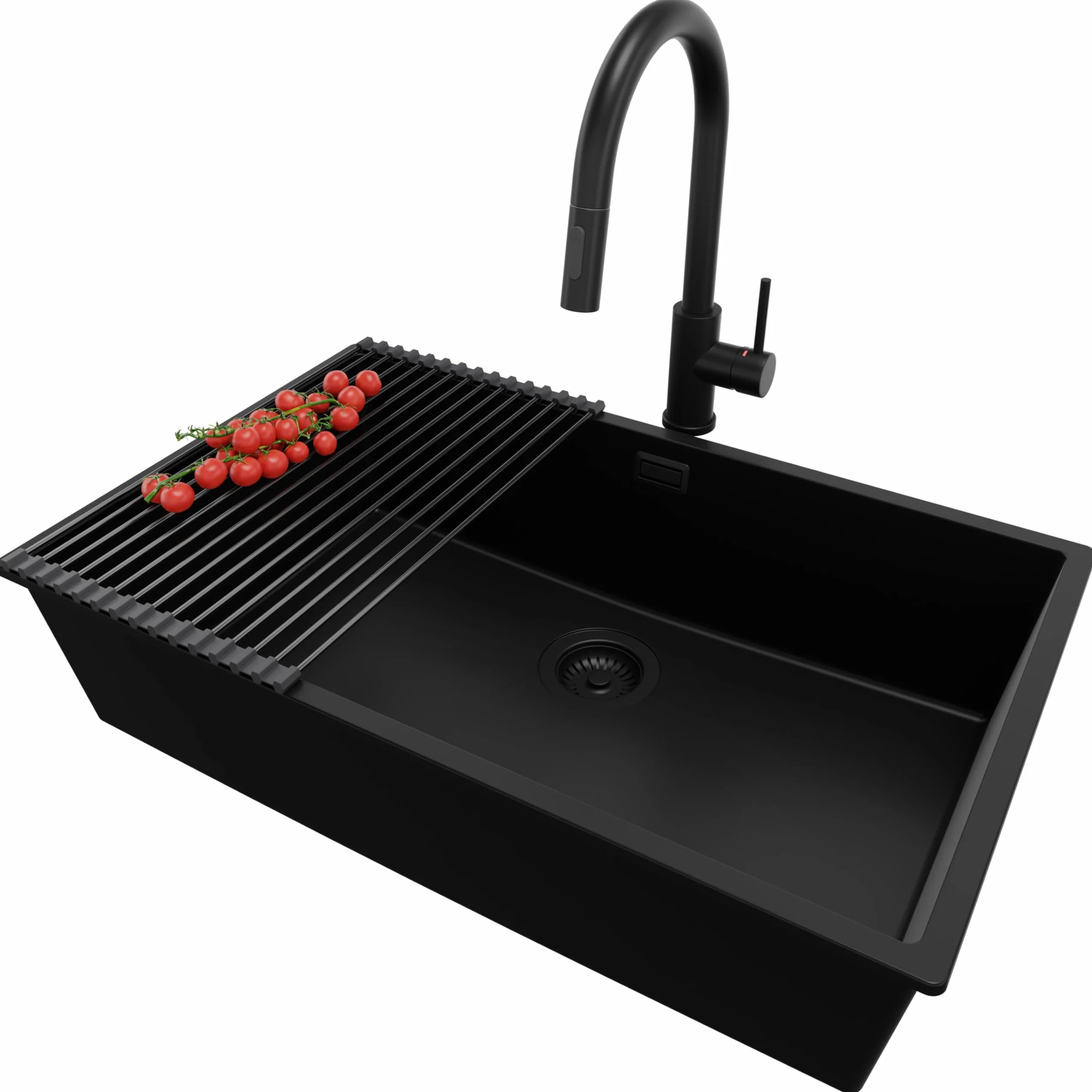 PRIMAGRAN Fregadero Granito Todo Negro 76x47cm, Cocina 1 Seno + Grifo 40x20cm + Sifón + Enrollable Escurridor, Sobre Encimera al Mueble 80cm - London Slim S531