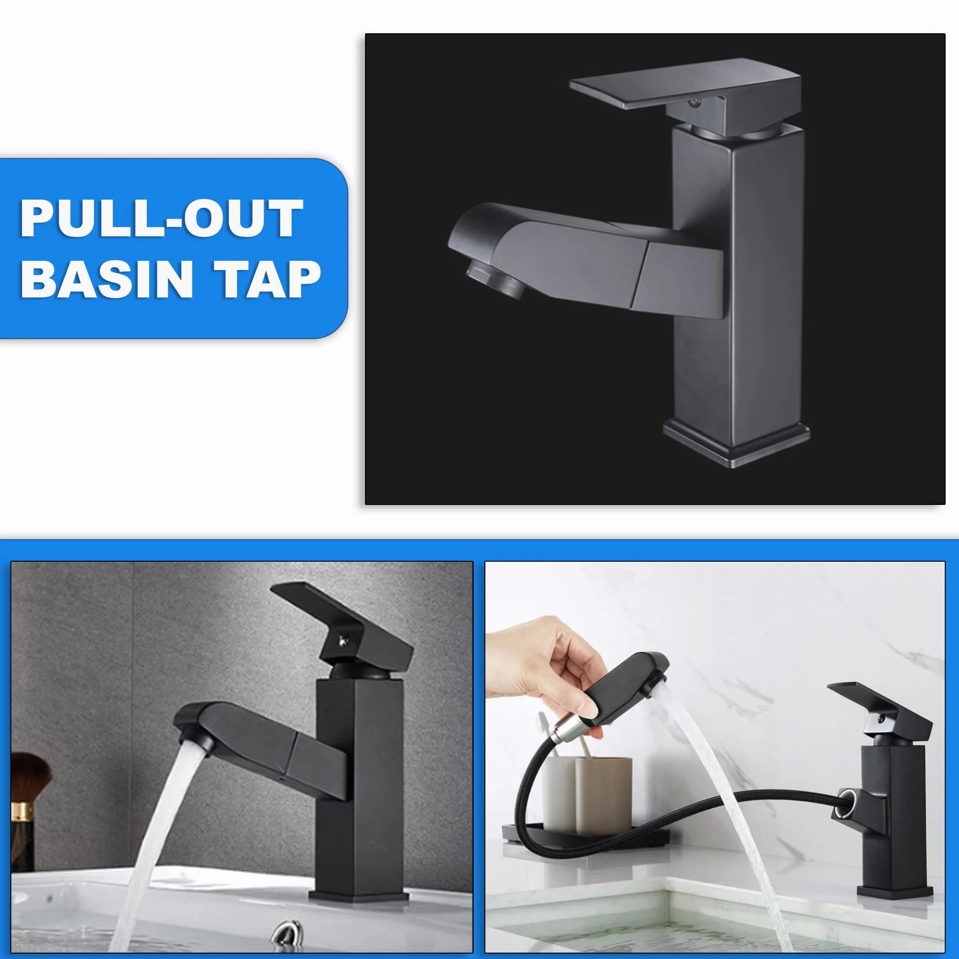 Grifo lavabo negro extraible extensible acero inoxidable monomando agua fria y caliente 2 mangueras incluidas grifo baño negro