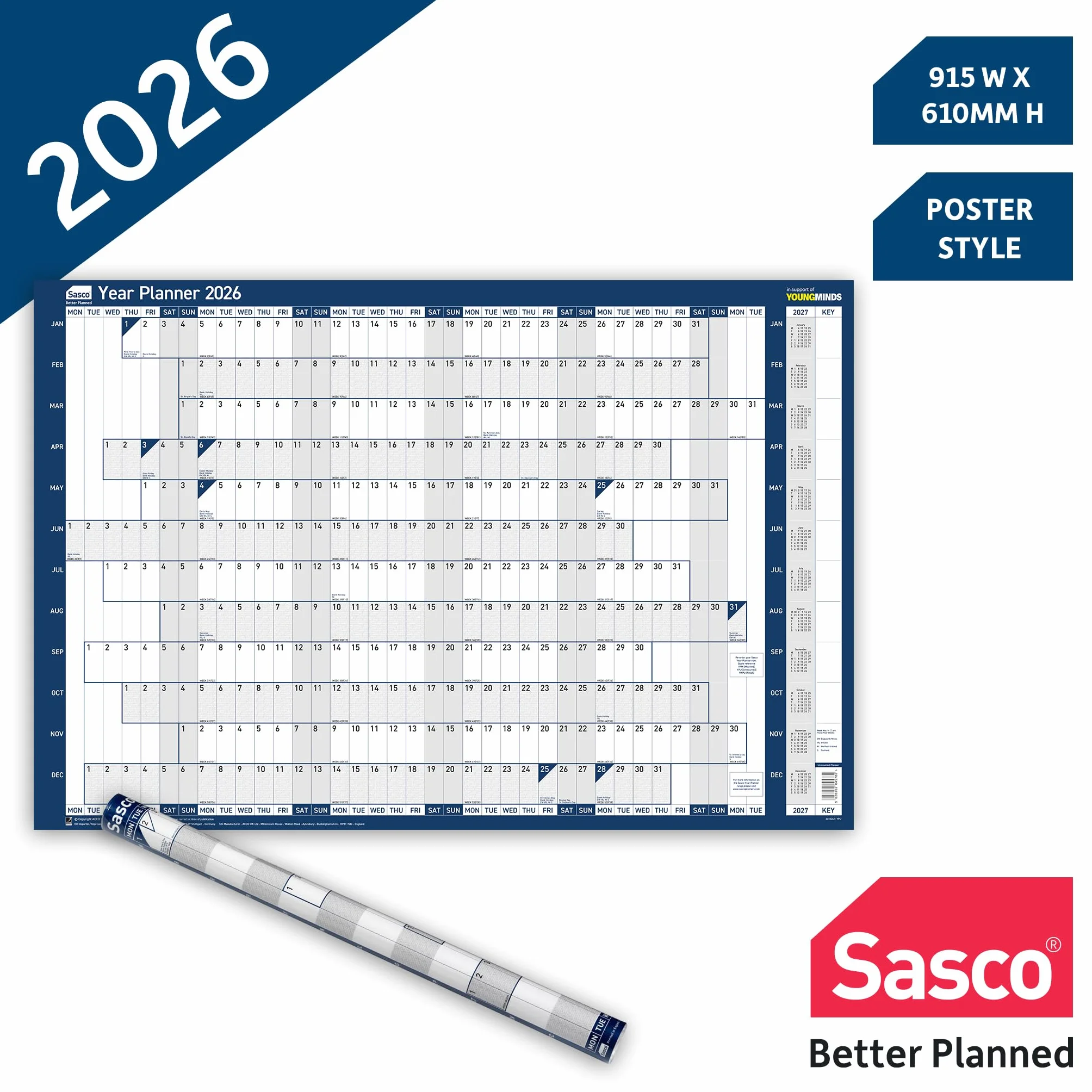 Sasco Planificador de pared original 2026 915x610 mm azul con bolígrafo borrado húmedo y calcomanías
