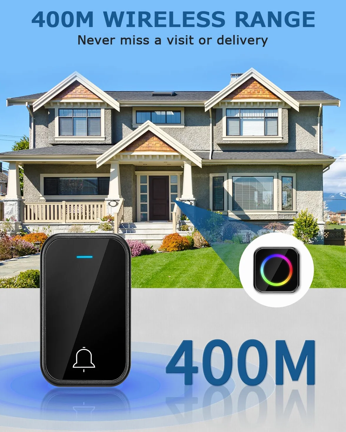 Timbre Inalámbrico Exterior Impermeable Largo Alcance, Wireless Door Bell 400 m LED 4 Niveles Volumen 63 Melodías 2 Receptores 1 Transmisor
