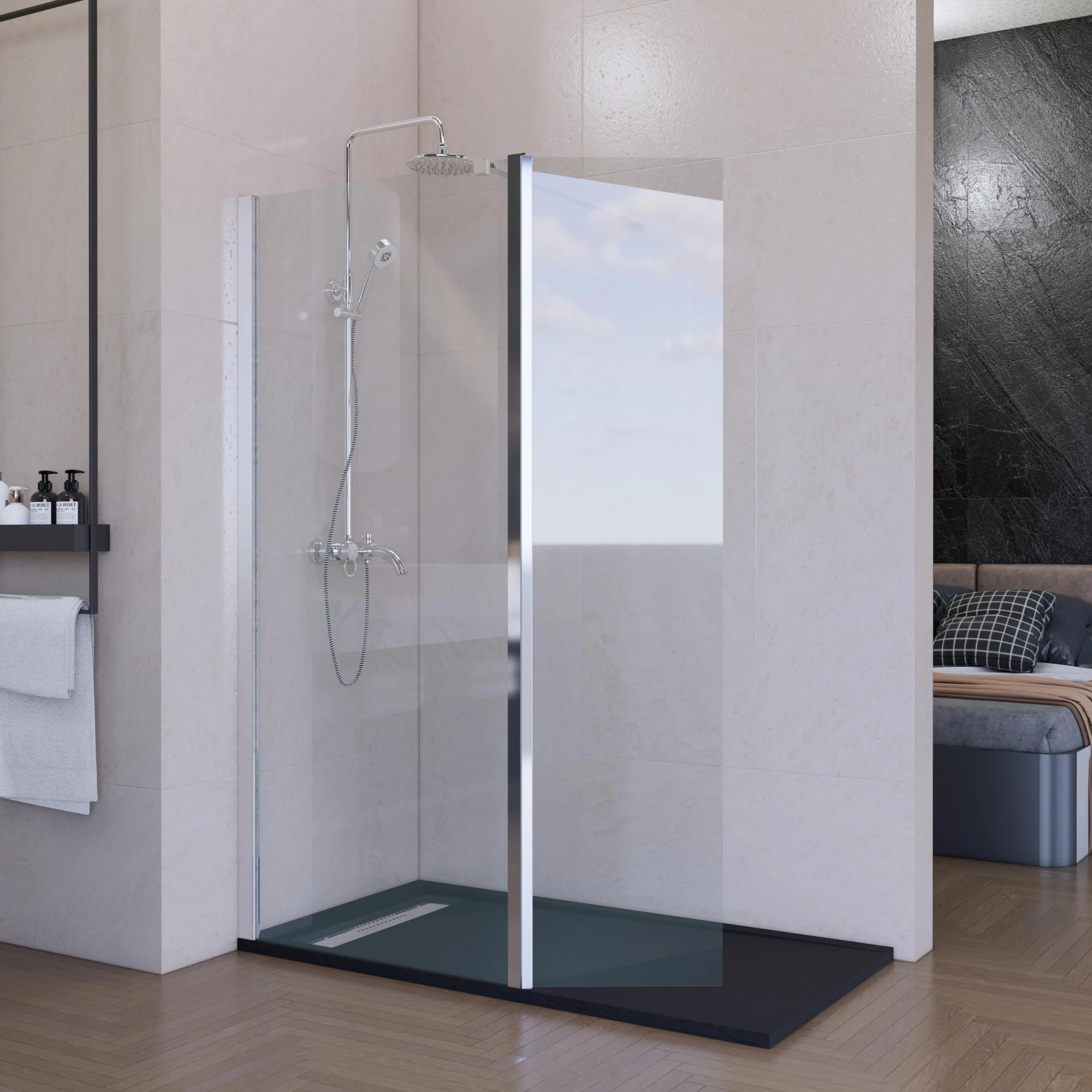 Mampara de Ducha Fija con Panel Abatible Cromo 60 cm + 40 cm – Cristal Templado 8 mm Antical – Mampara Walk In Reversible para Baño Moderno – HOGAKIS