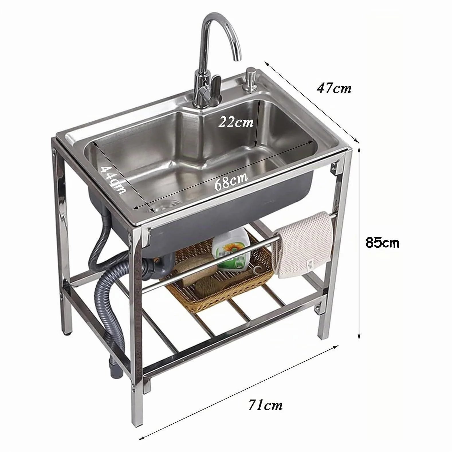 Fregadero 304 de acero inoxidable, 1 compartimento, independiente, fregadero comercial para restaurante con grifos fríos y calientes, preparación y uso, lavabo de mano para cocina, garaje, lavandería