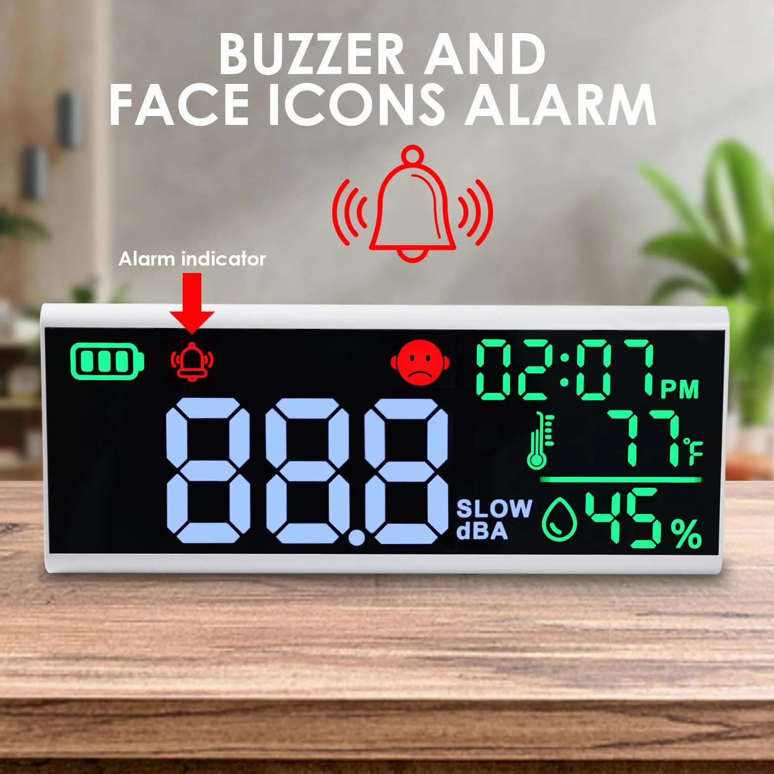 Medidor de decibelios 13 pulgadas, nivel de sonido LED para pared y mesa, alarma con zumbador