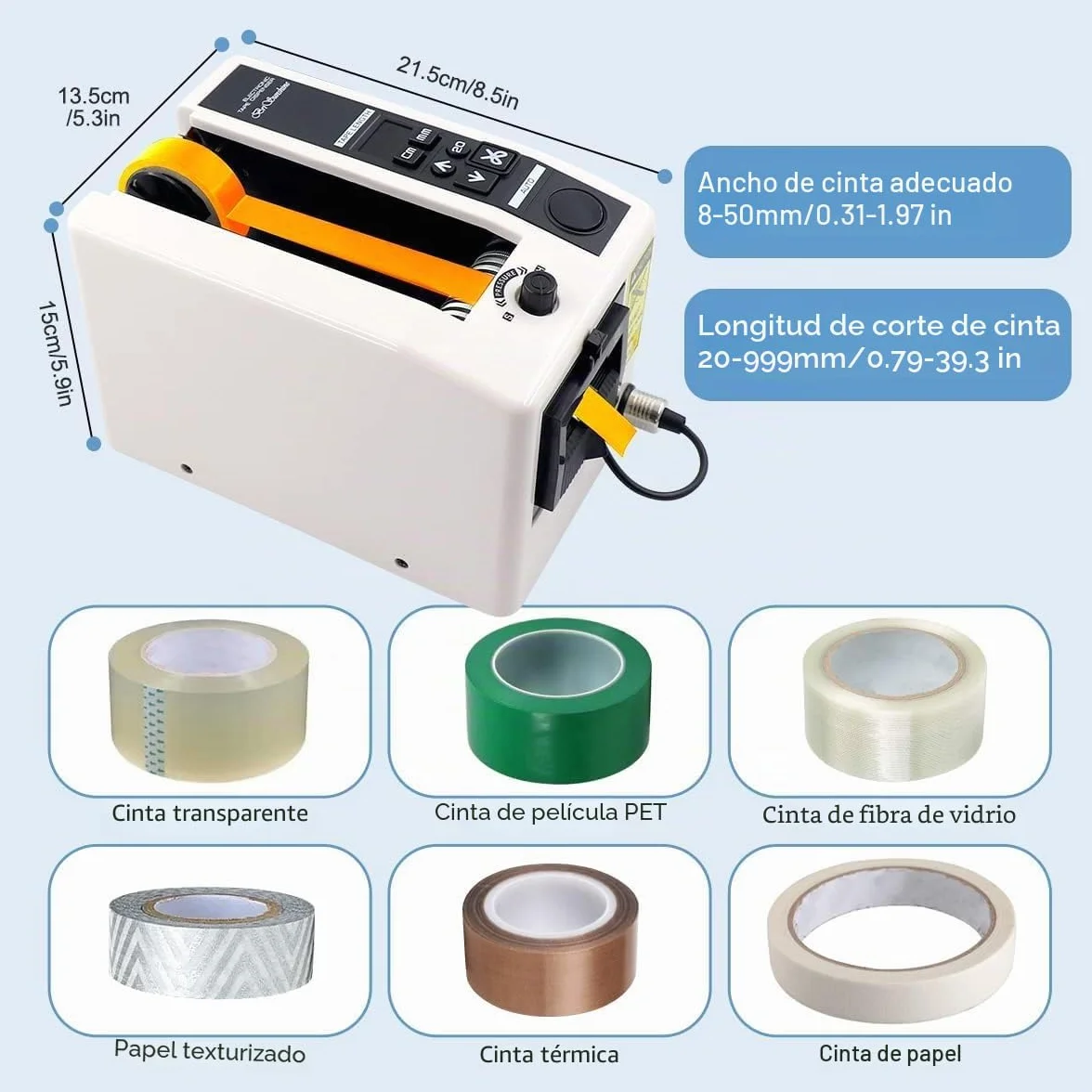 Dispensador de Cinta Automático, Dispensador de Cinta Adhesiva de Escritorio, Ancho 7-50 mm, Largo 20-999 mm