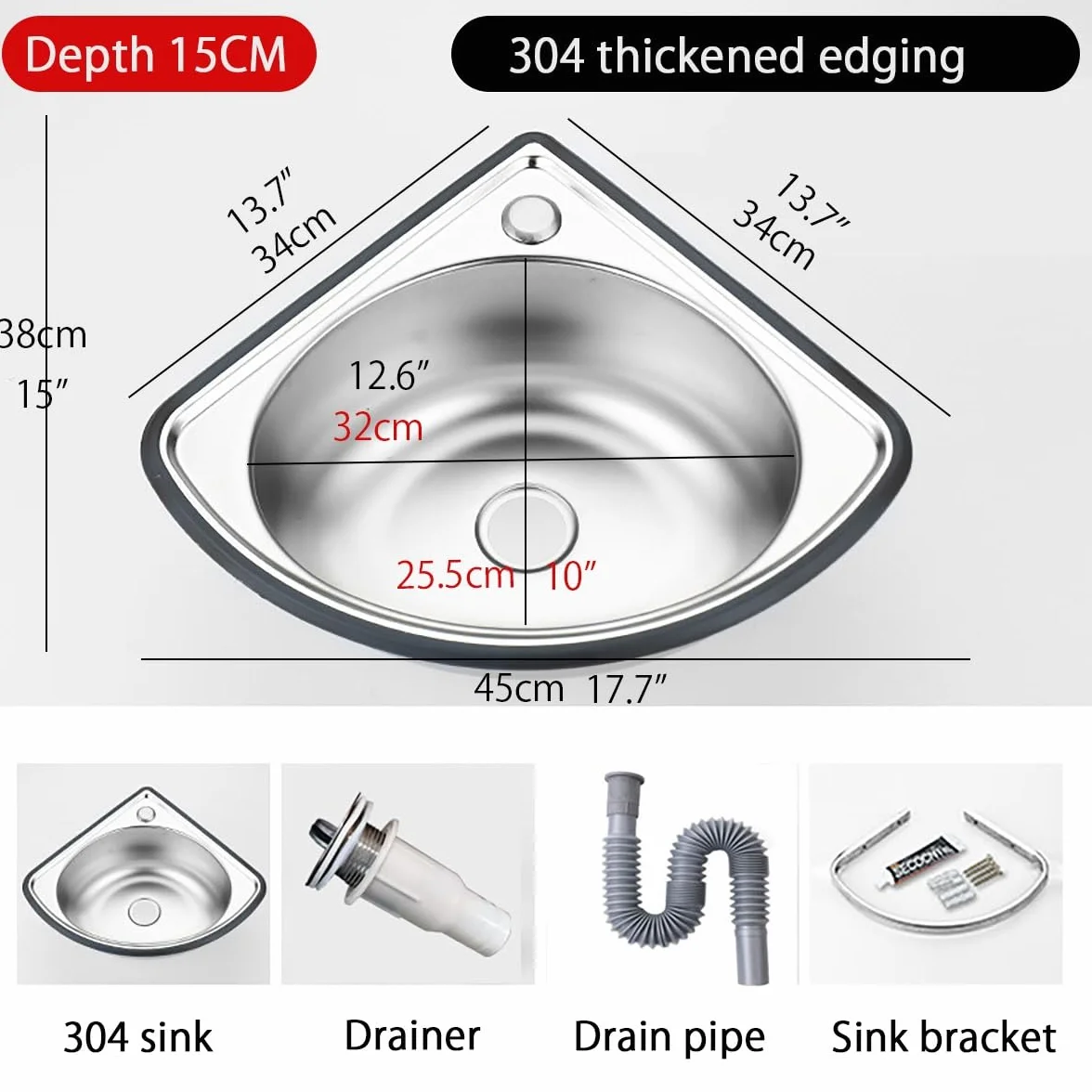Pequeño Fregadero De Esquina De Acero Inoxidable,Lavabo De Baño De Montaje En Pared Triangular,Lavabo De Lavabo De Un Seno Triangular Pequeño,Con Escurridor,Acabado Cepillado
